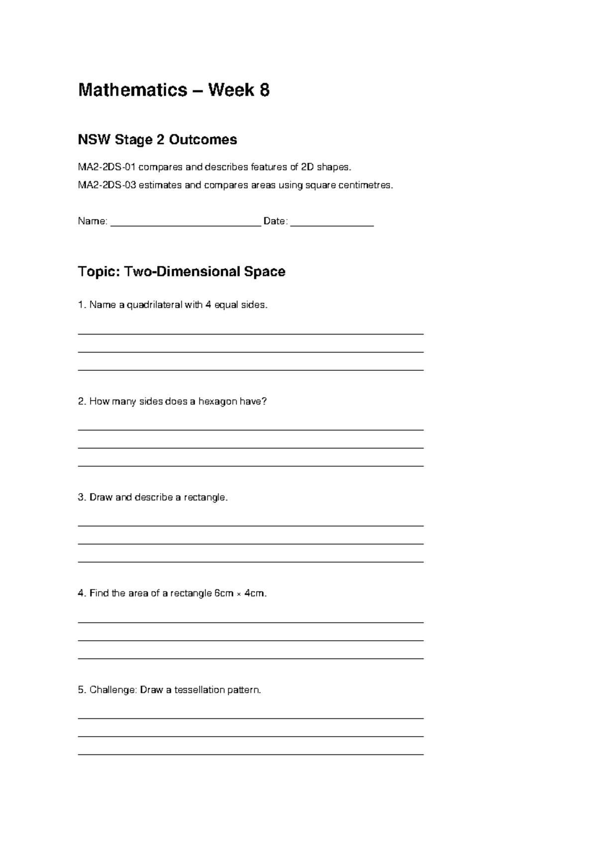 Week 8 2D Space Worksheet - Mathematics – Week 8 NSW Stage 2 Outcomes ...