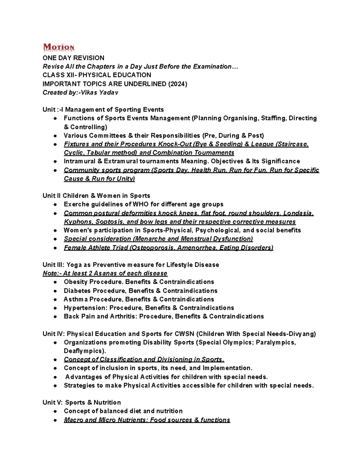 Class XII PE One-Day Revision Notes for Physical Education (2024) - Studocu