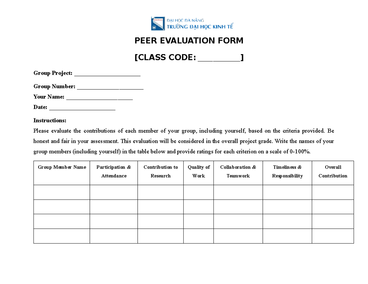 Peer Evaluation Form - Group Project (Code: nns) - Studocu