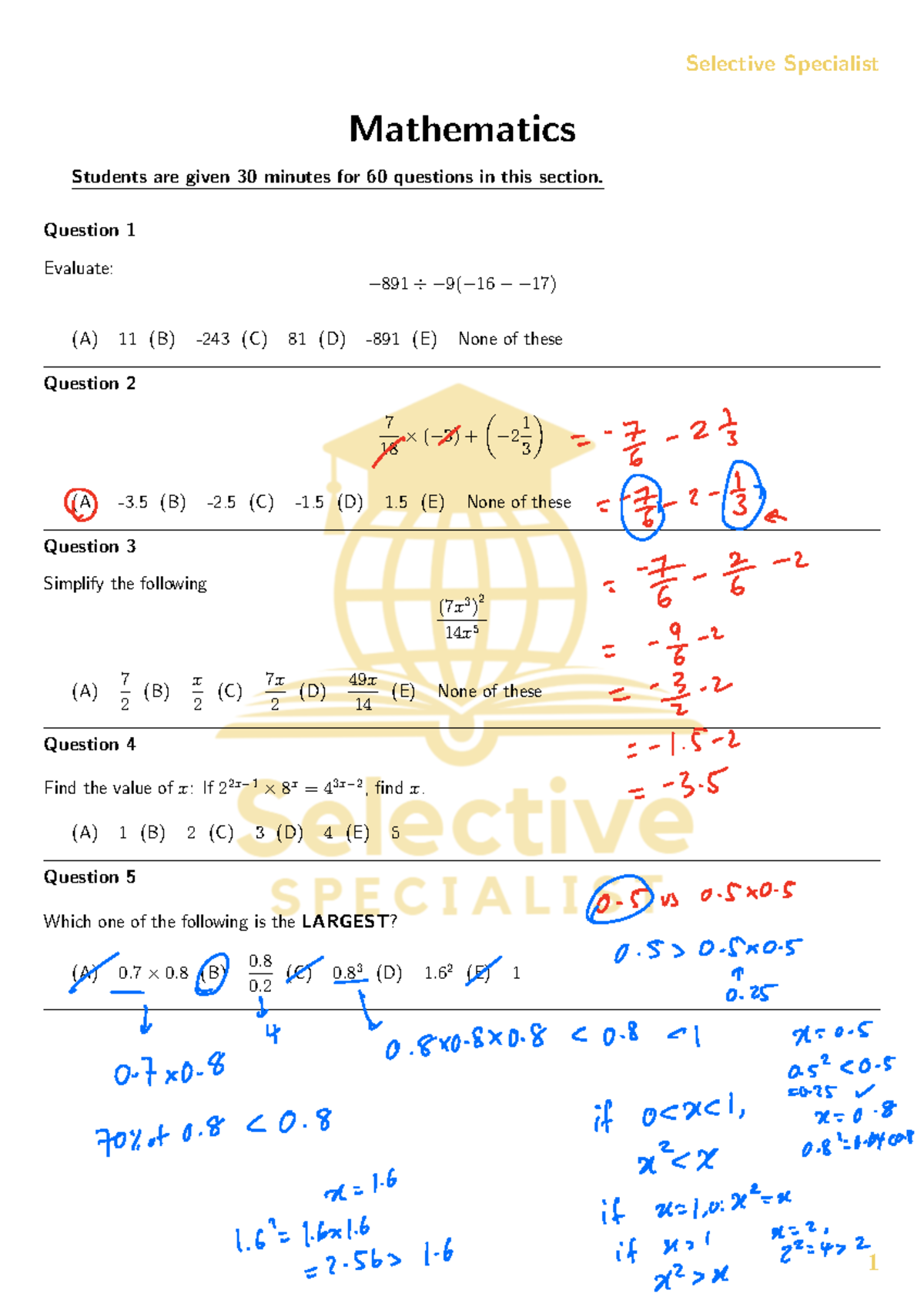 Y9 T1 W10 Selective Specialist Mathematics Exam Review - Studocu