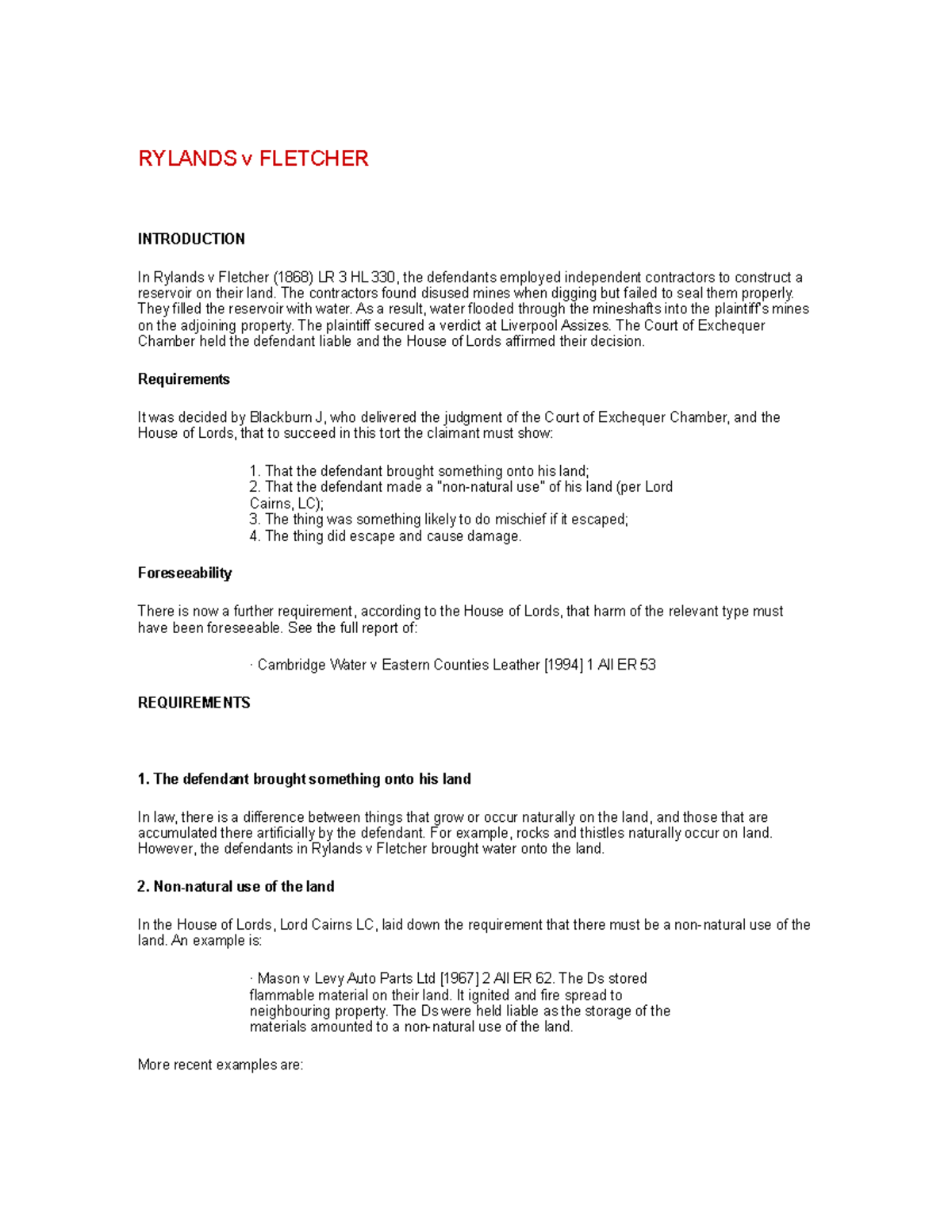 Rylands v Fletcher - Notes - RYLANDS v FLETCHER INTRODUCTION In Rylands ...