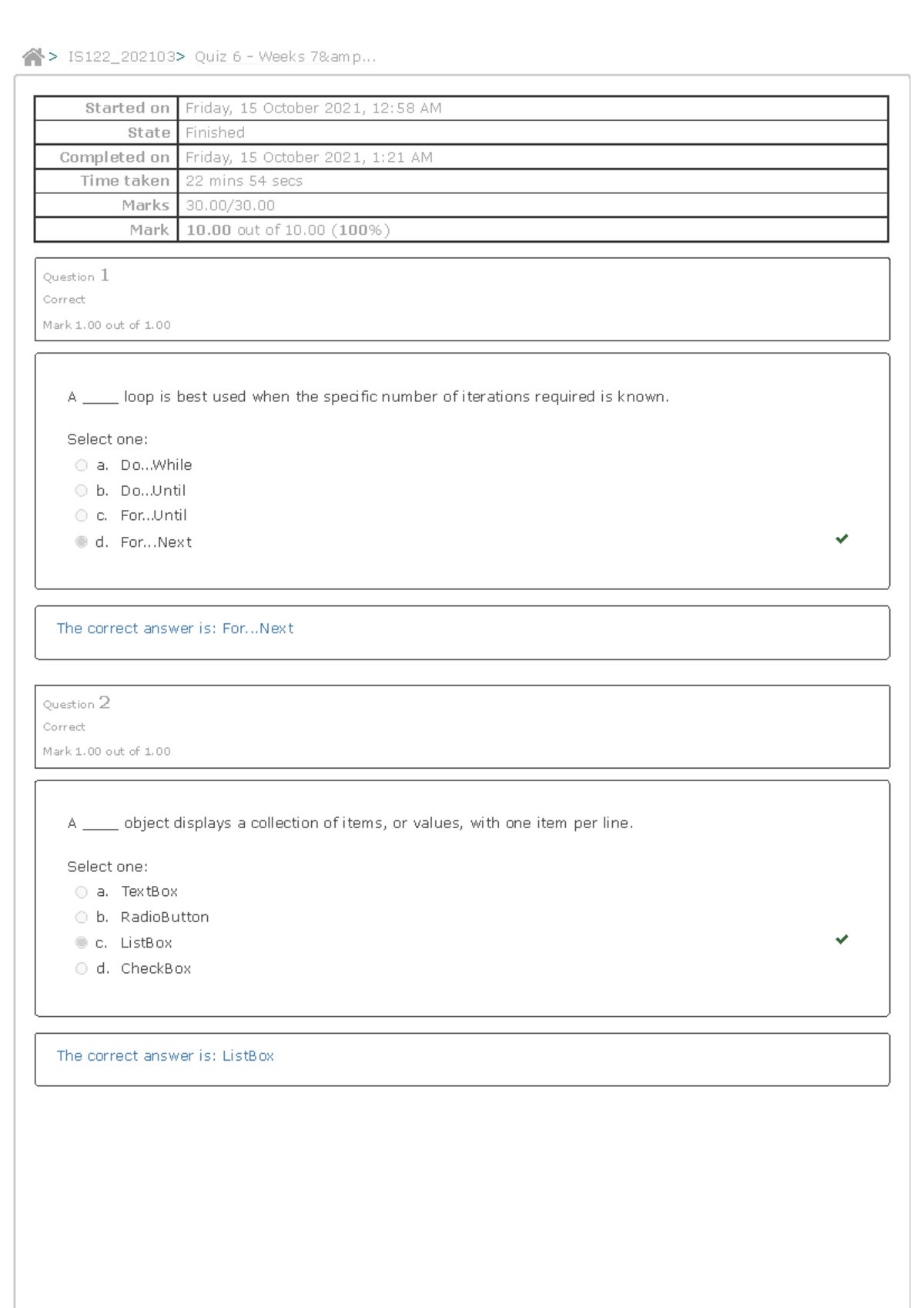 Quiz 6 - Online Quiz Week 7 - Started on Friday, 15 October 2021, 12:58 ...