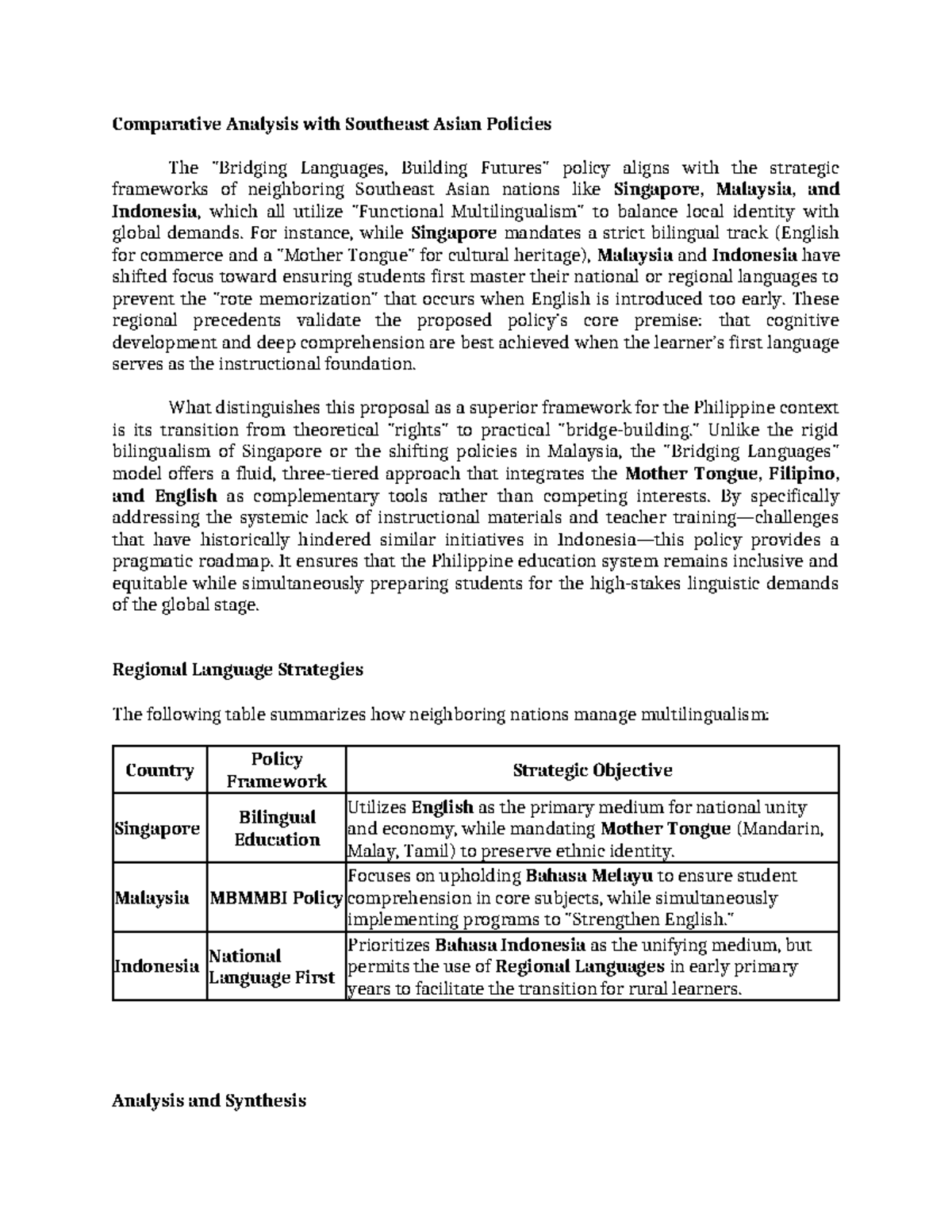 Comparative Analysis of Language Policies in Southeast Asia: Lessons ...