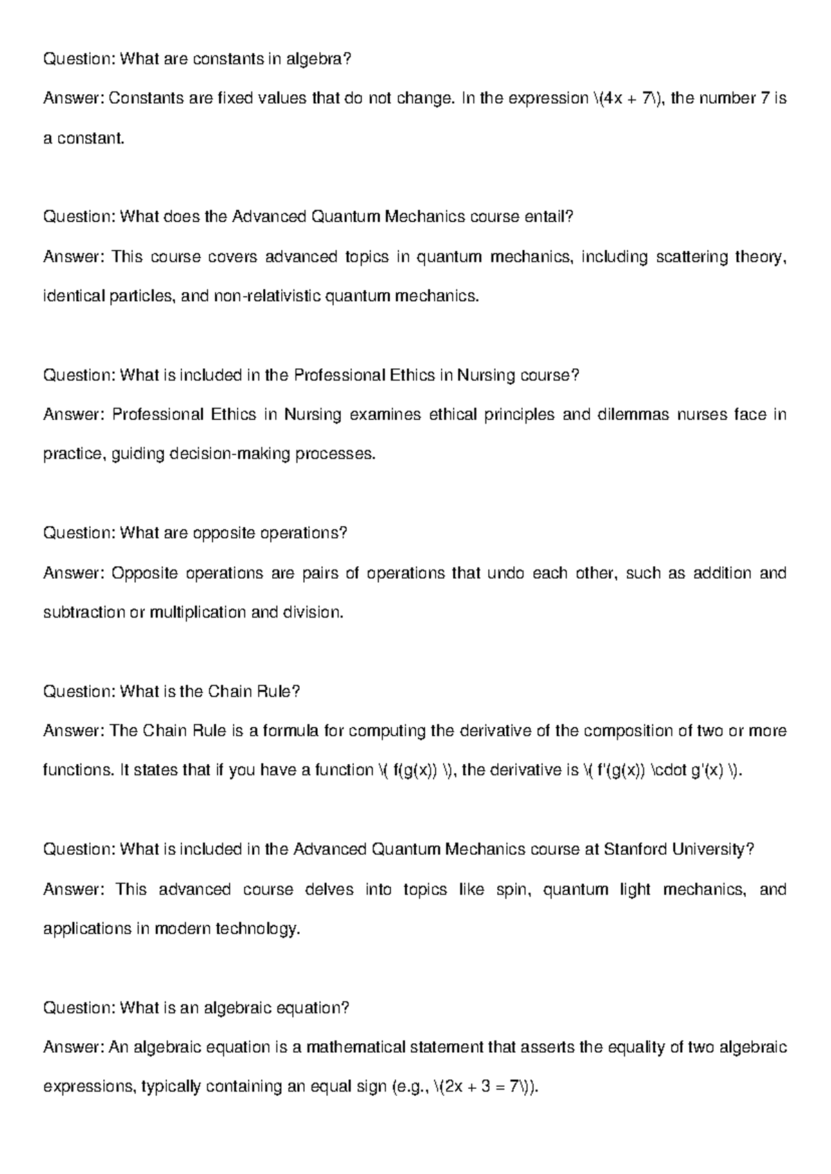 Algebra & Quantum Mechanics Overview: Key Concepts & Definitions - Studocu