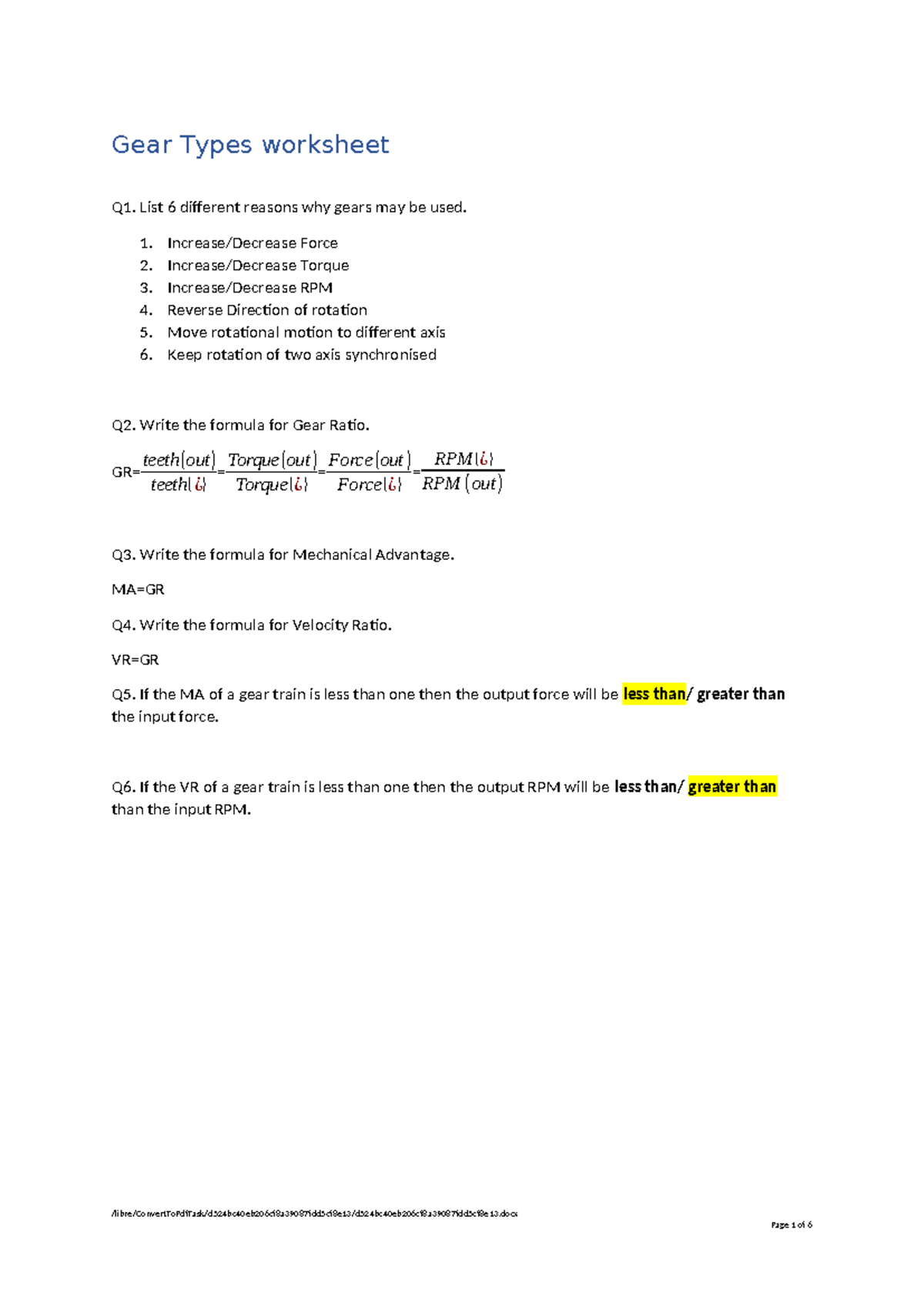 Worksheet on Gear Types Q1-Q7 - 2023 - Studocu
