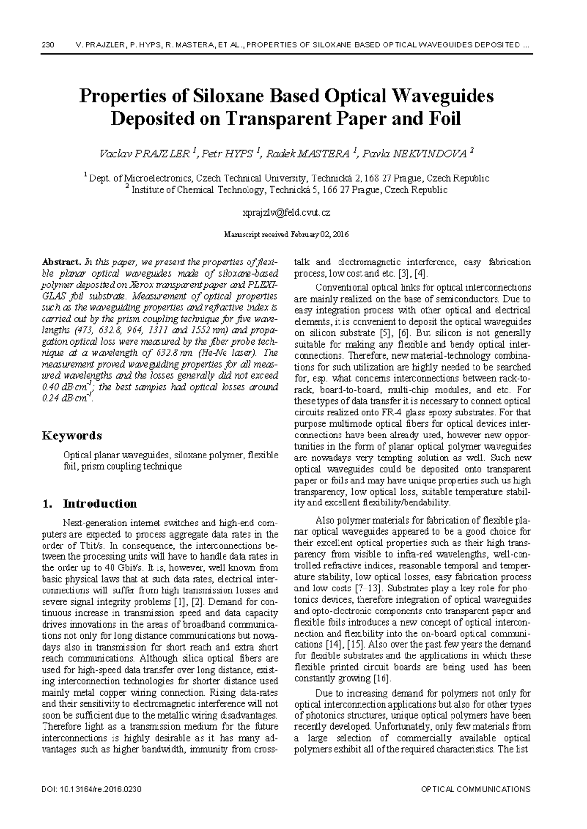 Properties of Siloxane-Based Optical Waveguides on Flexible Substrates ...