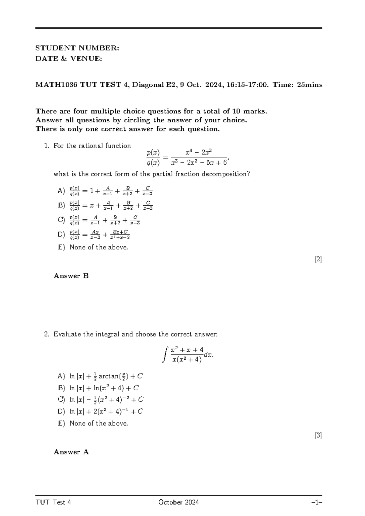 MATH1036 TUT Test 4 Memo - October 2024 - Studocu