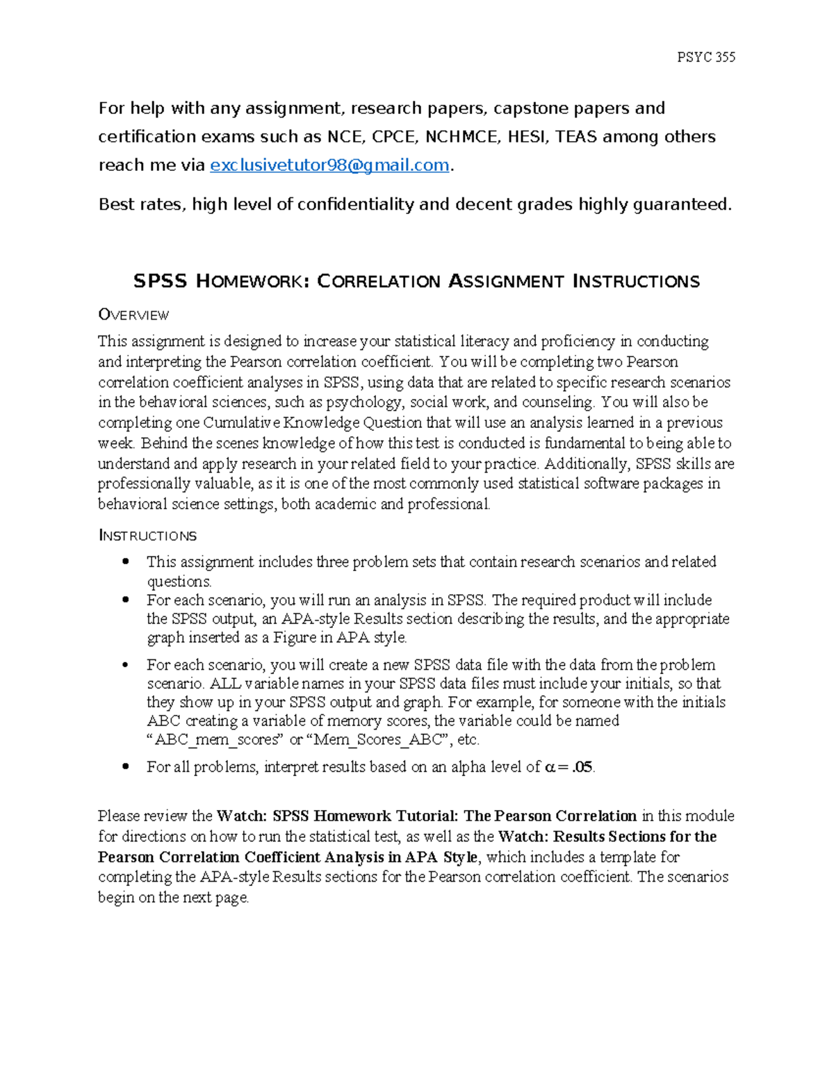 SPSS Homework Correlation Assignment Instructions - For help with any ...