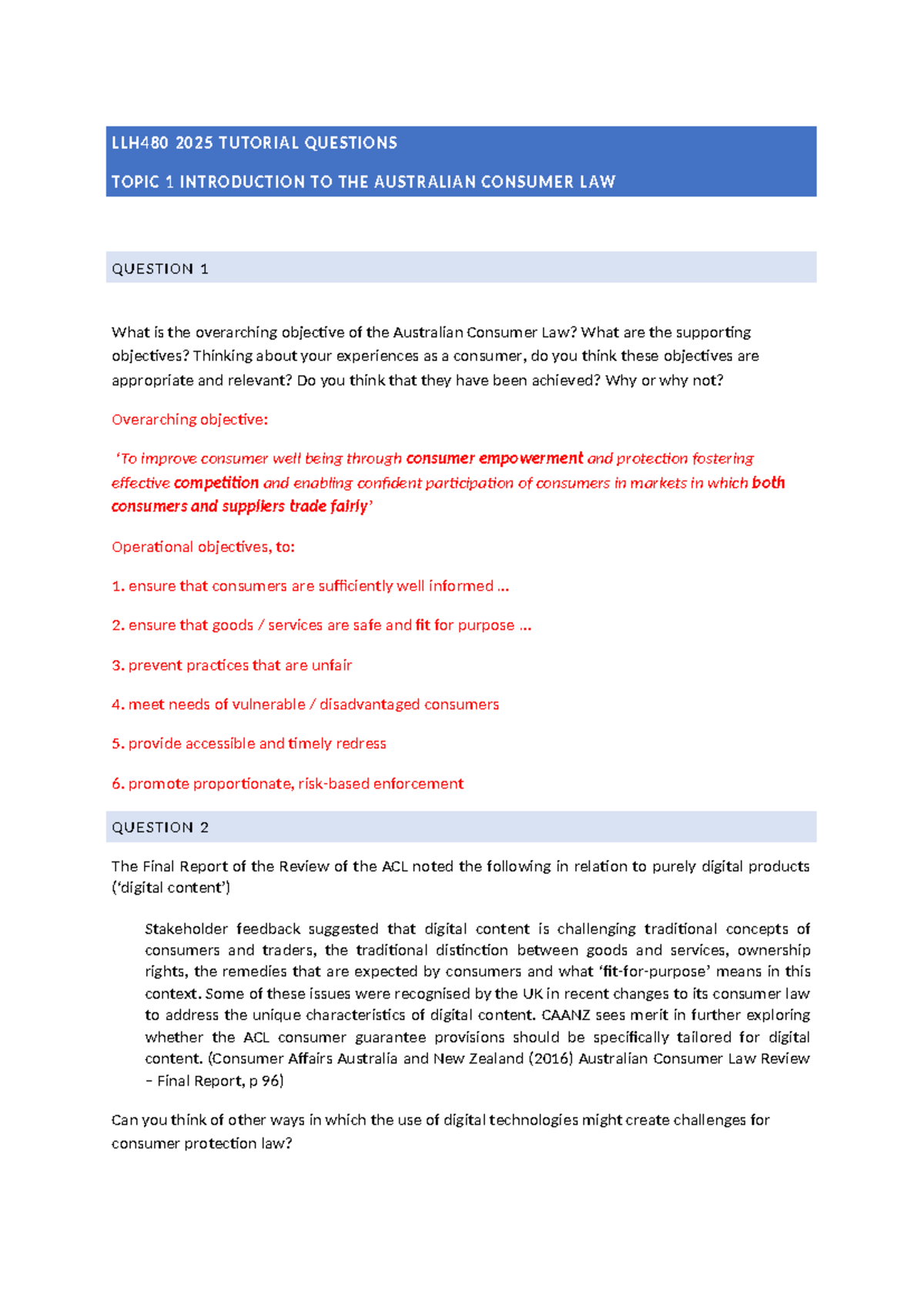 LLH480 2025 TUTORIAL QUESTIONS: INTRO TO AUSTRALIAN CONSUMER LAW - Studocu