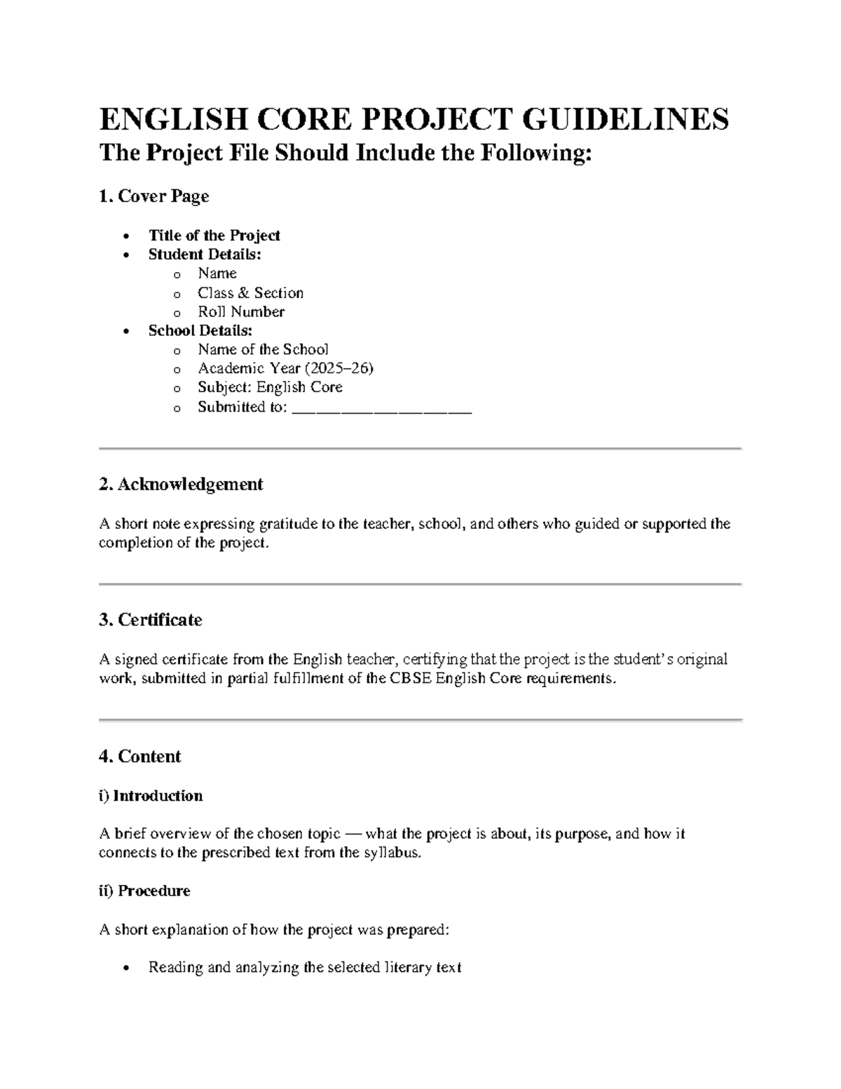 ENGLISH CORE PROJECT GUIDELINES: Essential Components for Submission ...