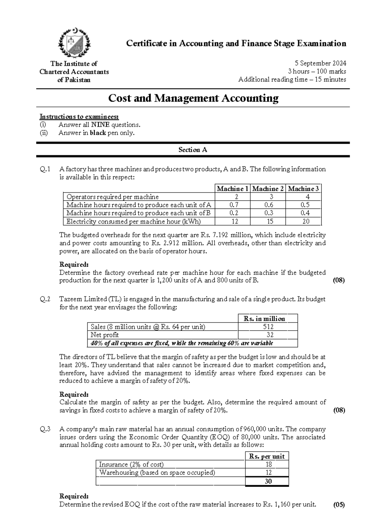 CAF 3 Final Exam: Cost & Management Accounting - September 2024 - Studocu