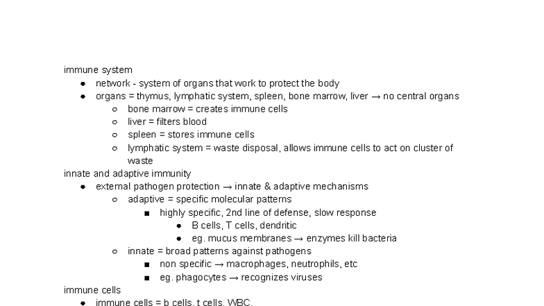 BIOL 101: Immune System Overview and Key Functions - Studocu