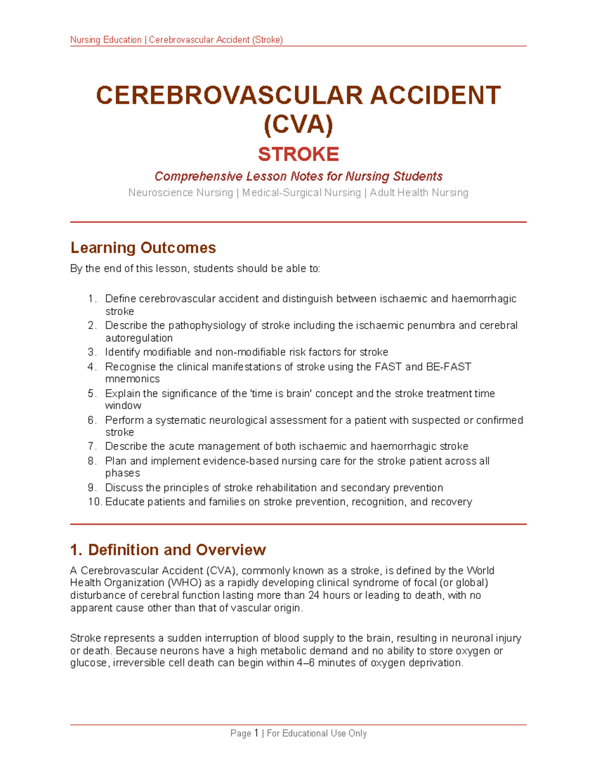 CEREBROVASCULAR ACCIDENT (CVA) Stroke: Comprehensive Nursing Lesson ...