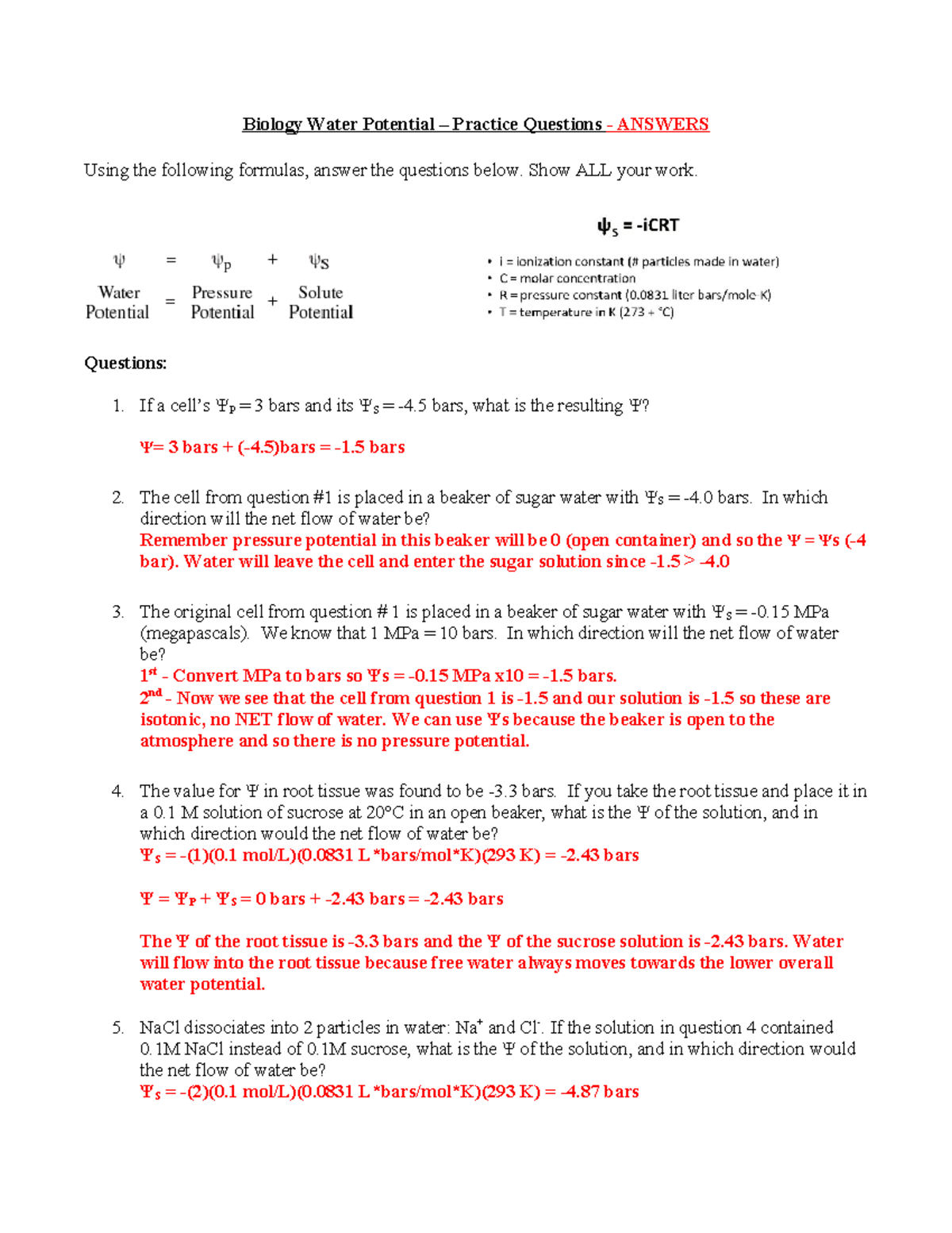 5. Water Potential Practice Qs - Detailed Answers and Explanations ...