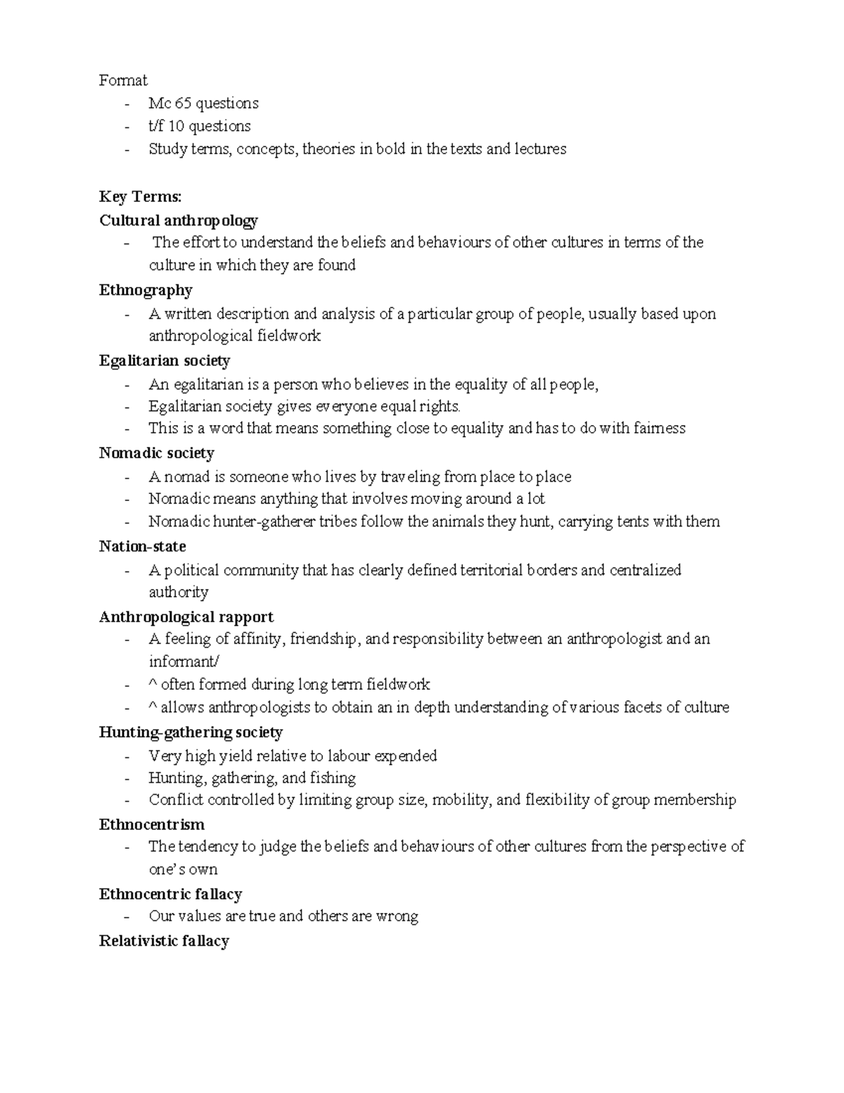 Midterm Study Notes for Cultural Anthropology (ANTH 101) - 2020 - Studocu
