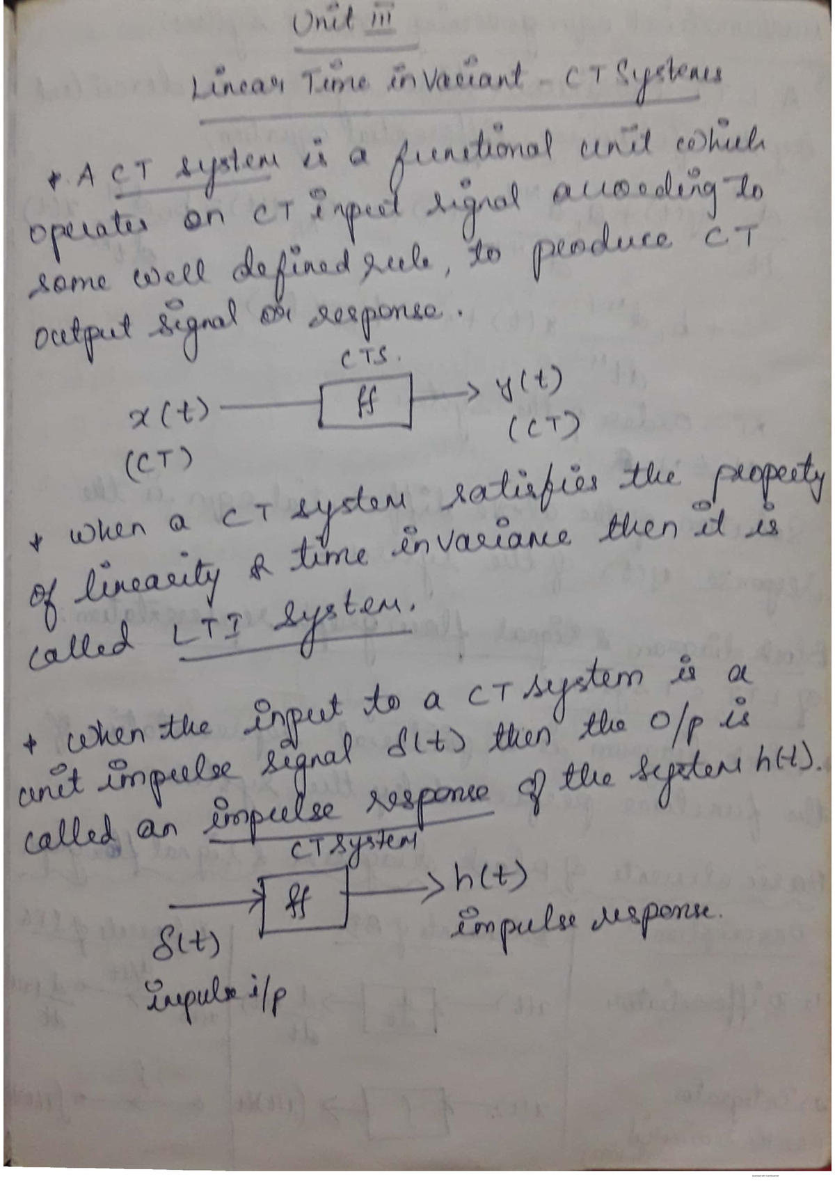 SS Unit 3 notes - Unit Linear Time invaliant CT Systems ACT system is a ...