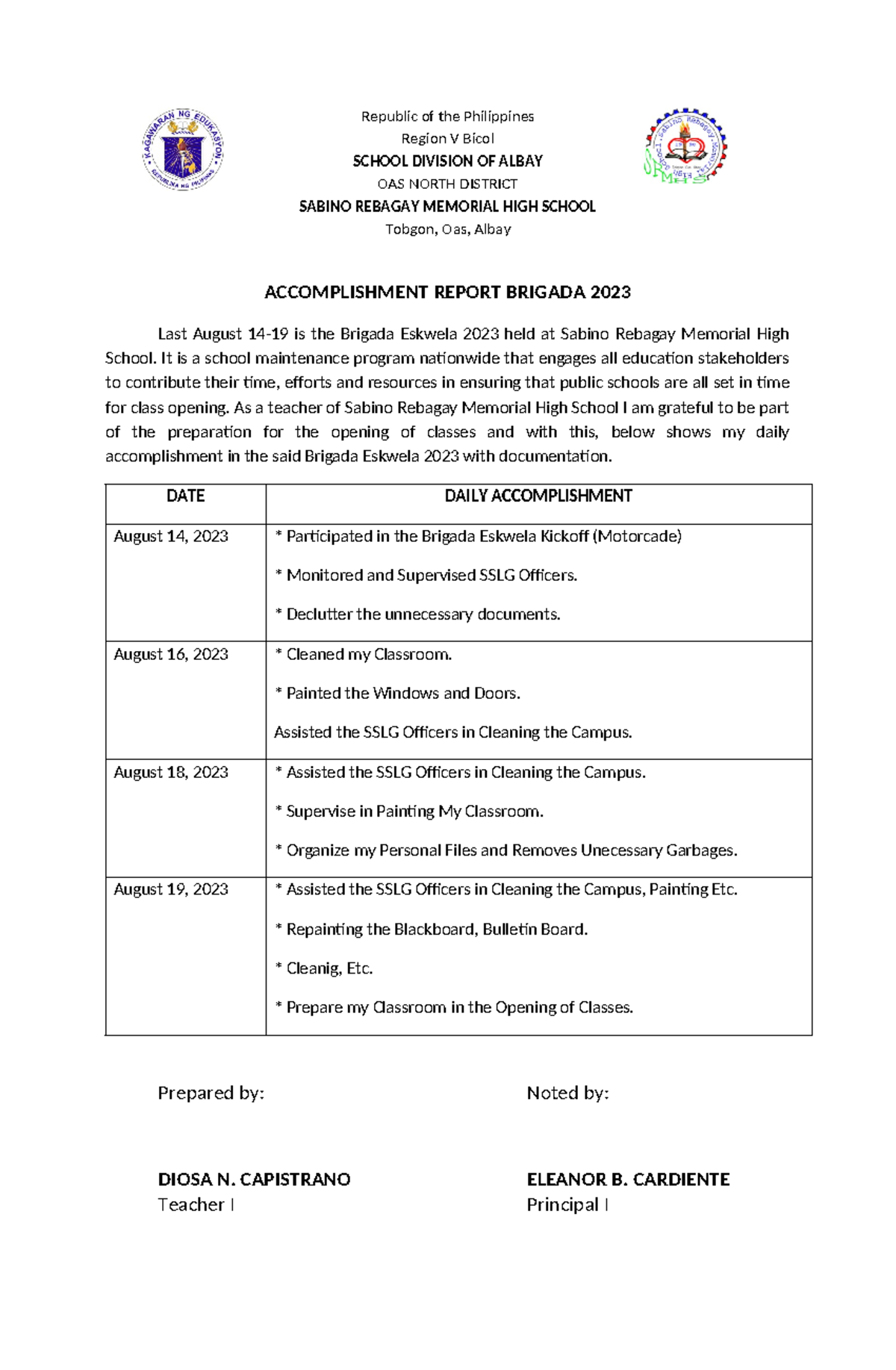 Accomplishment brigada 2023 - Republic of the Philippines Region V ...