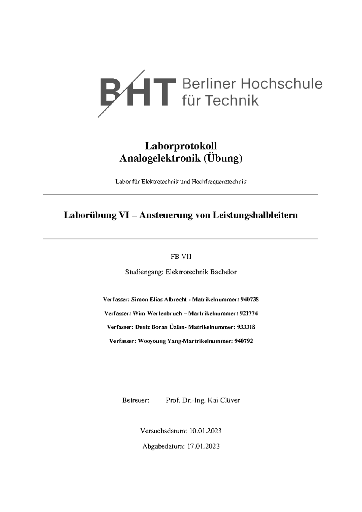 Labor VI Bericht: Ansteuerung von Leistungshalbleitern in ...