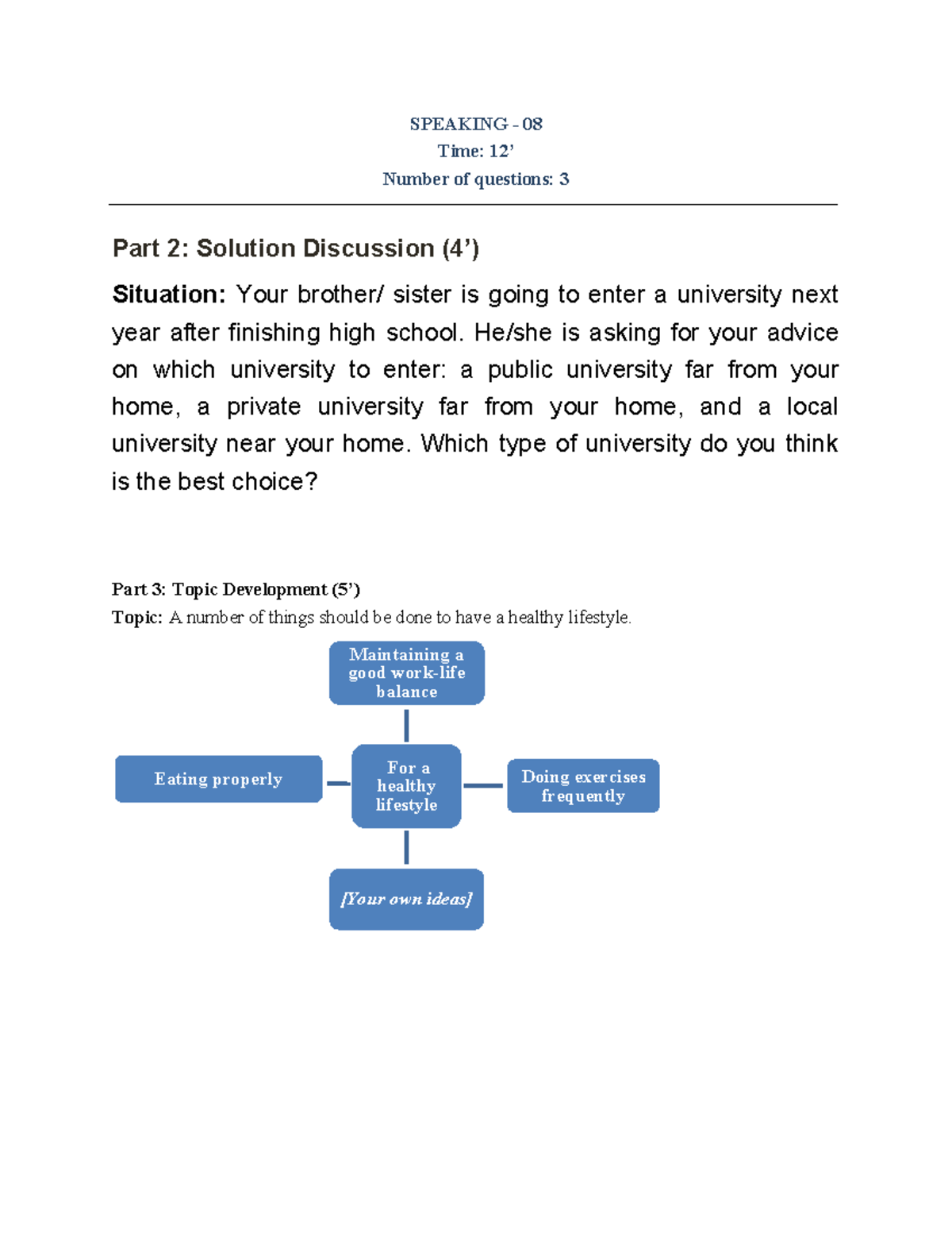 Speaking test 8 - SPEAKING - 08 Time: 12’ Number of questions: 3 Part 2 ...