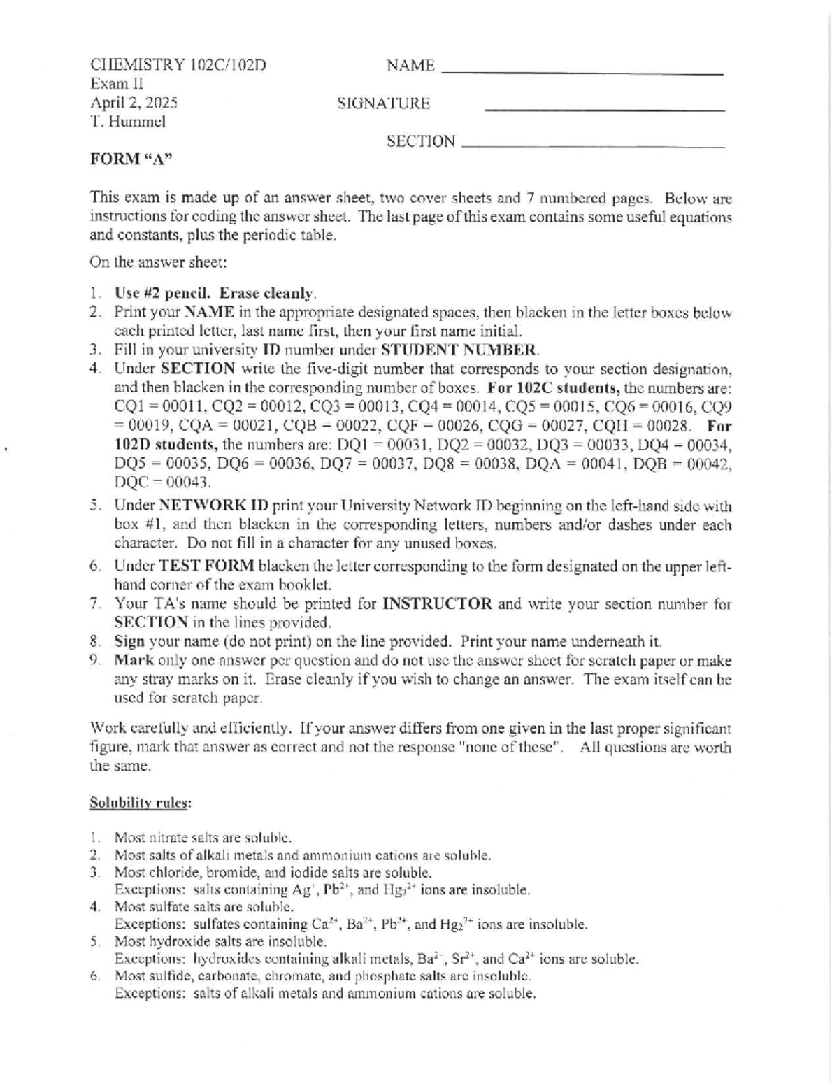 CHEMISTRY 102 Spring 2025 Exam II Instructions and Questions - Studocu