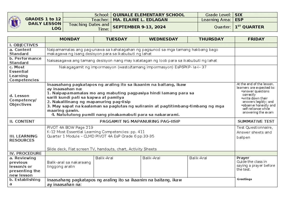 DLL ESP6Q1W4 - Daily Lesson Log for Grade 6 ESP - September 2023 - Studocu