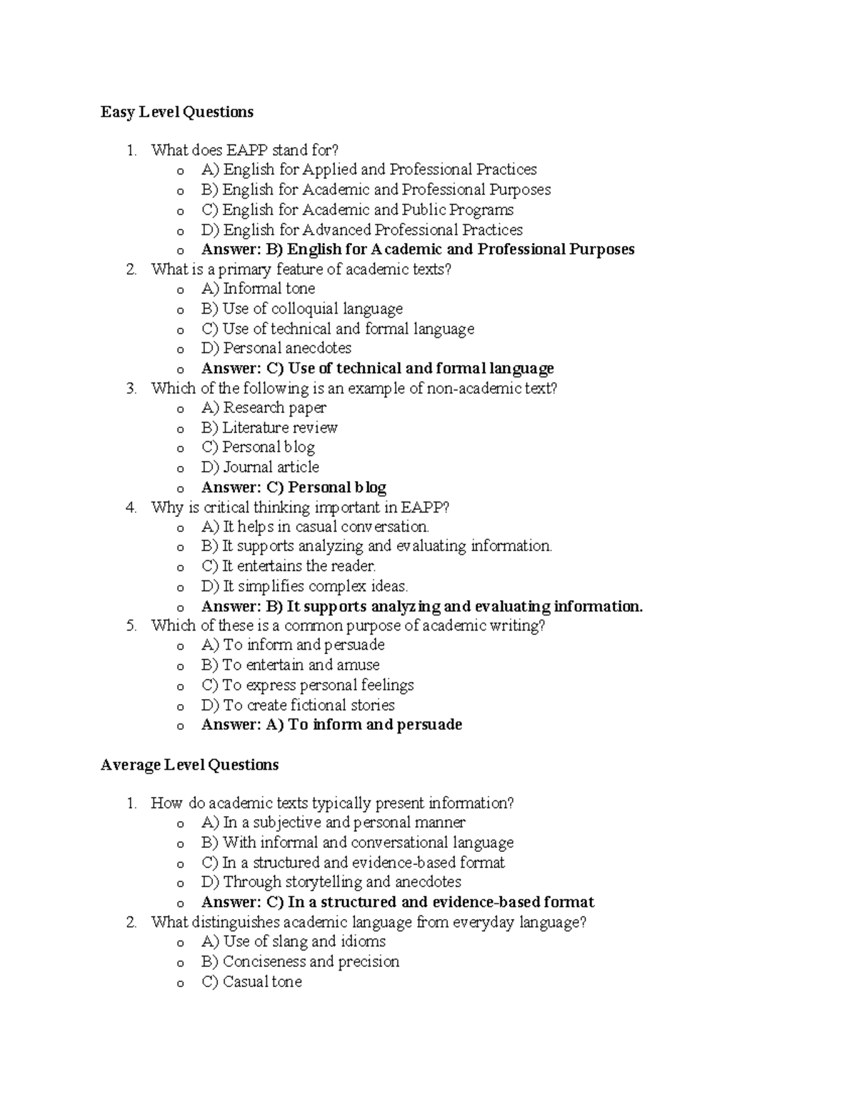 EAPP Quiz: Easy, Average, and Difficult Level Questions - Studocu