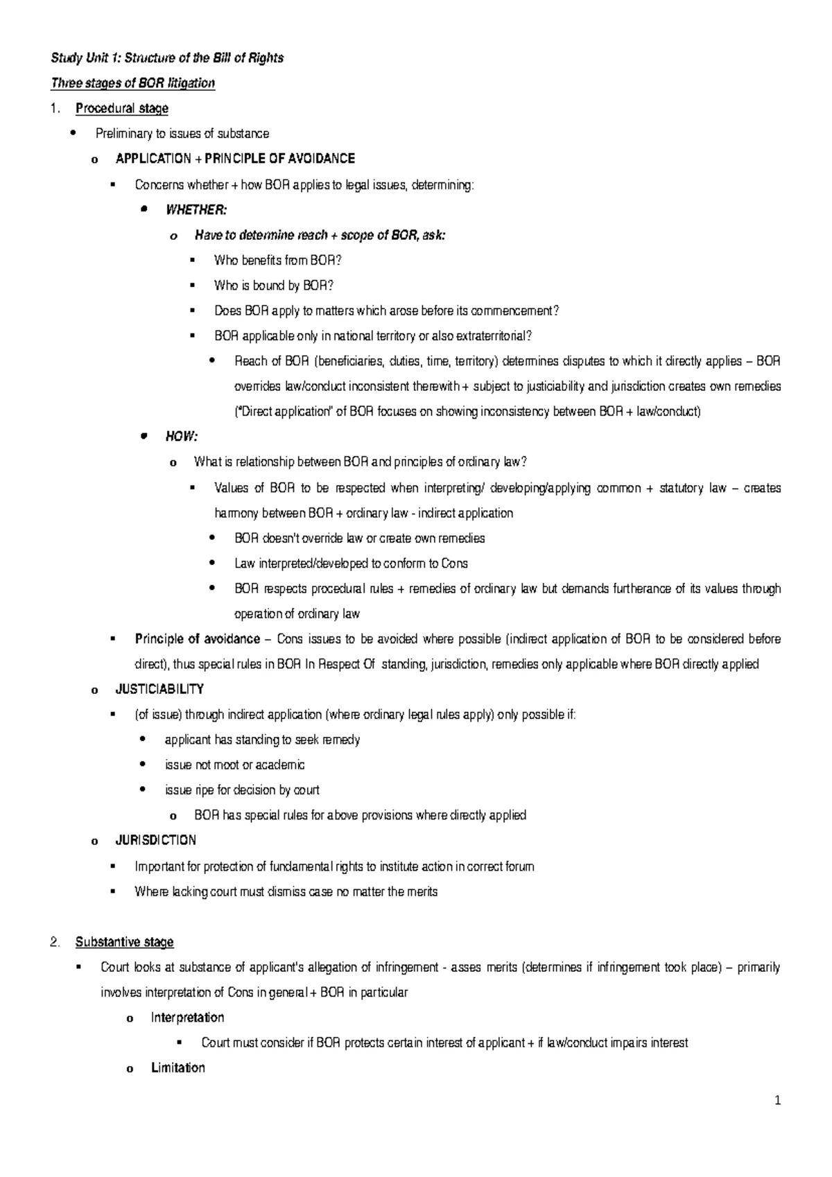 FUR2601 Study Unit 1: Stages of Bill of Rights Litigation Explained ...