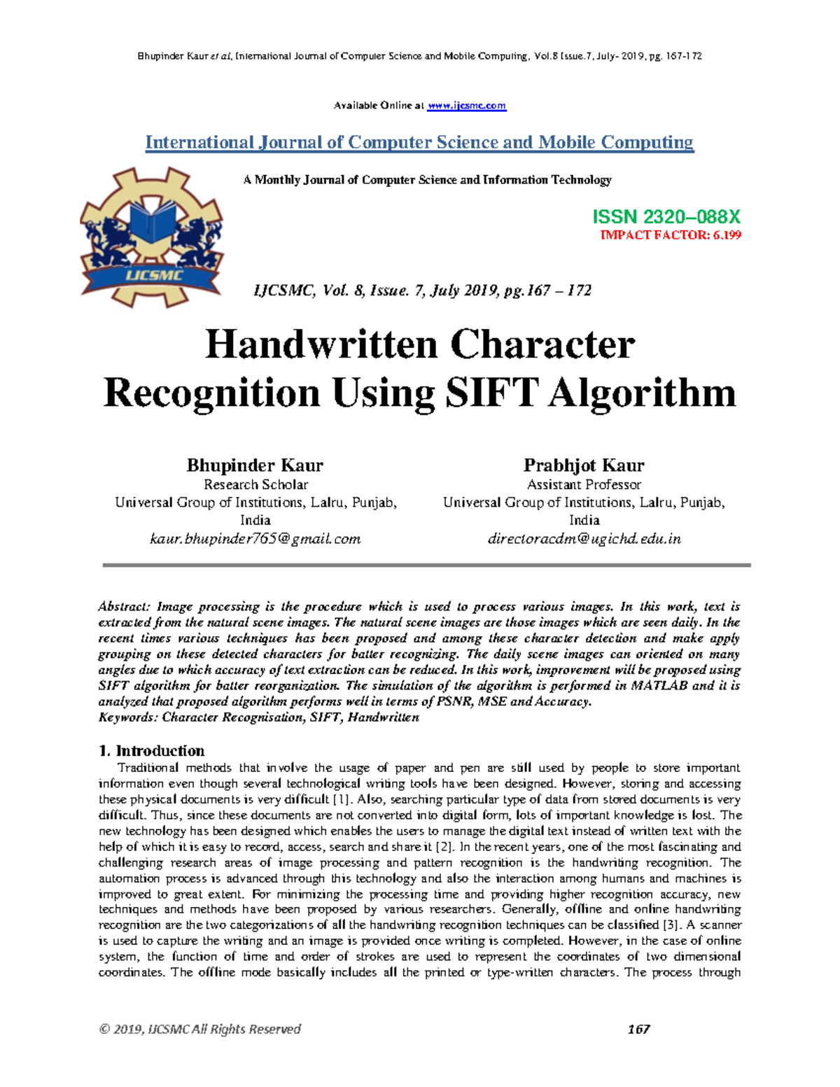 Handwritten Character Recognition Using SIFT Algorithm - IJCSMC Vol.8 ...
