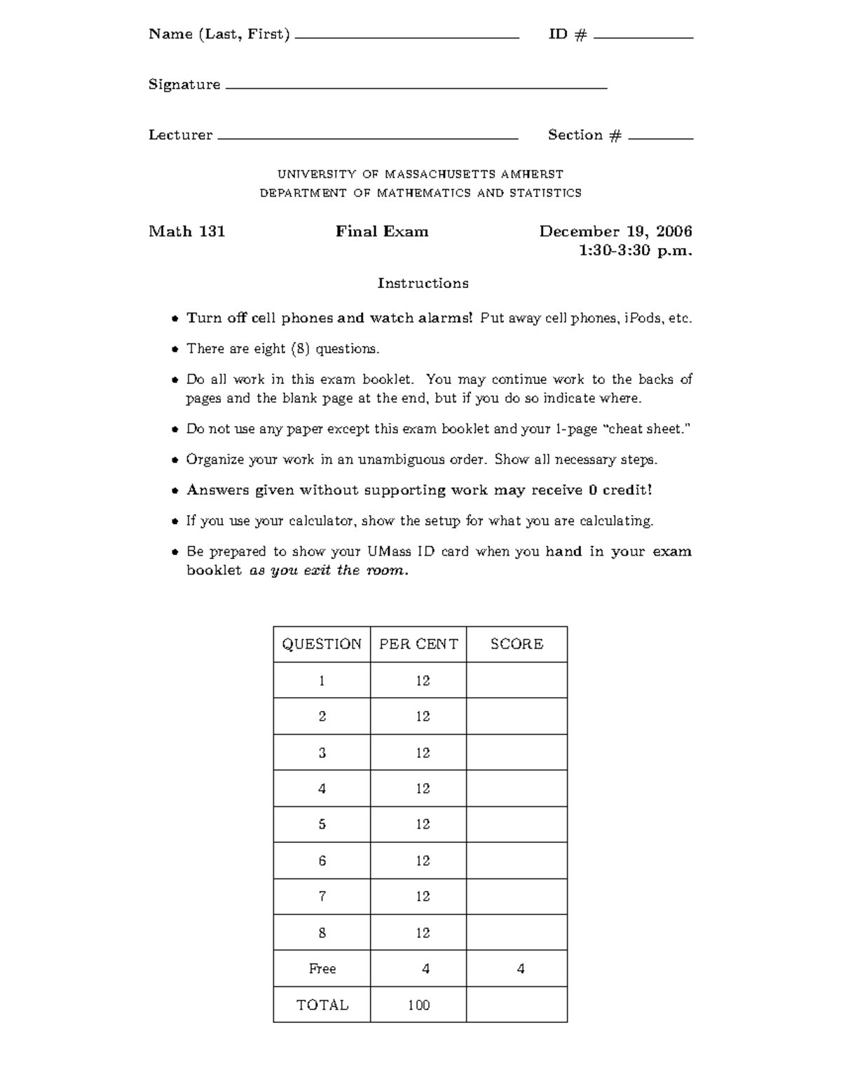 Math 131F06 - Practice Final Exam Guide and Sample Questions - Studocu