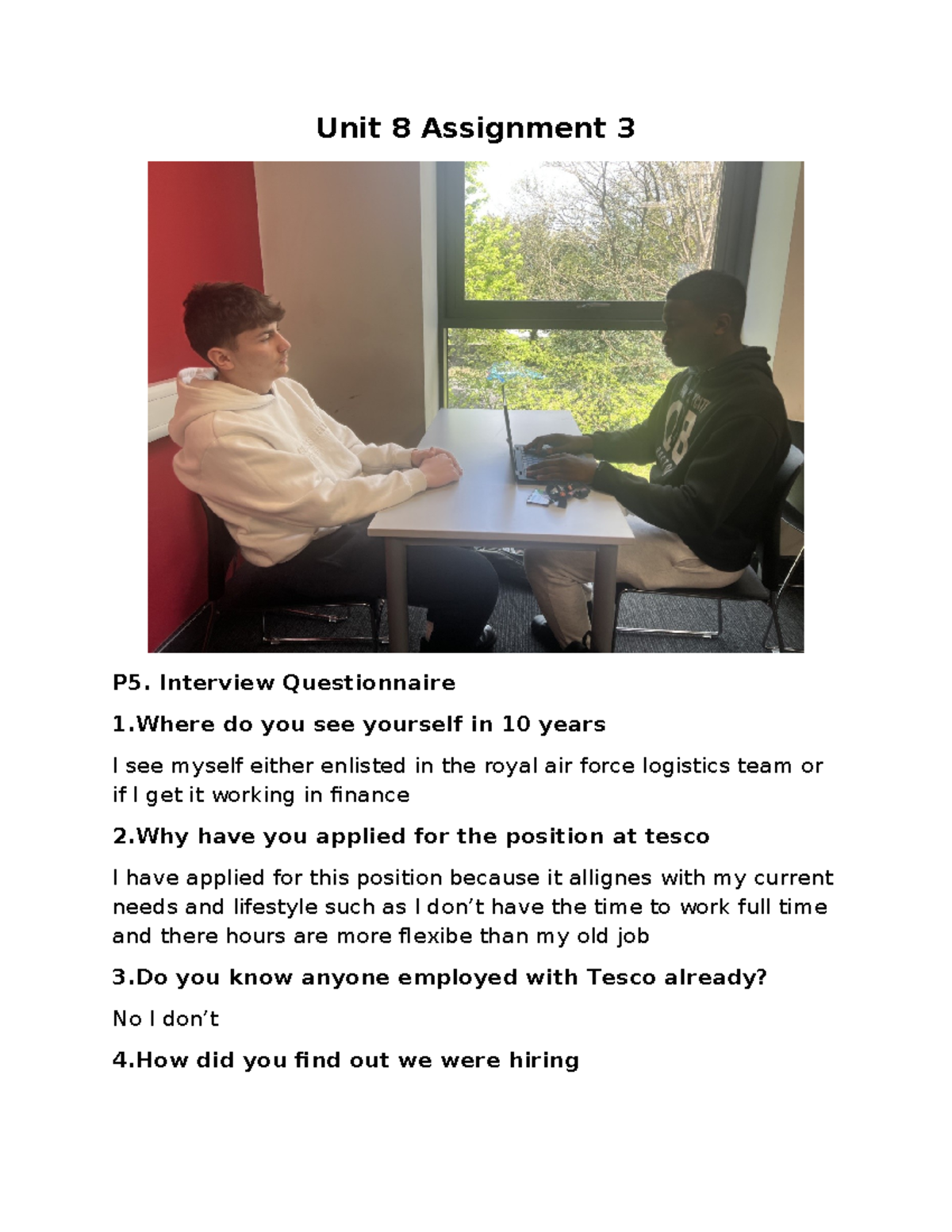 Unit 8 Assignment 3 - Interview Questionnaire for Tesco Position - Studocu