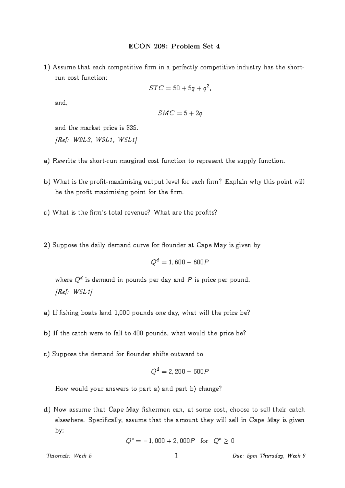 ECON 208: Problem Set 4 - Supply & Demand Analysis - Studocu