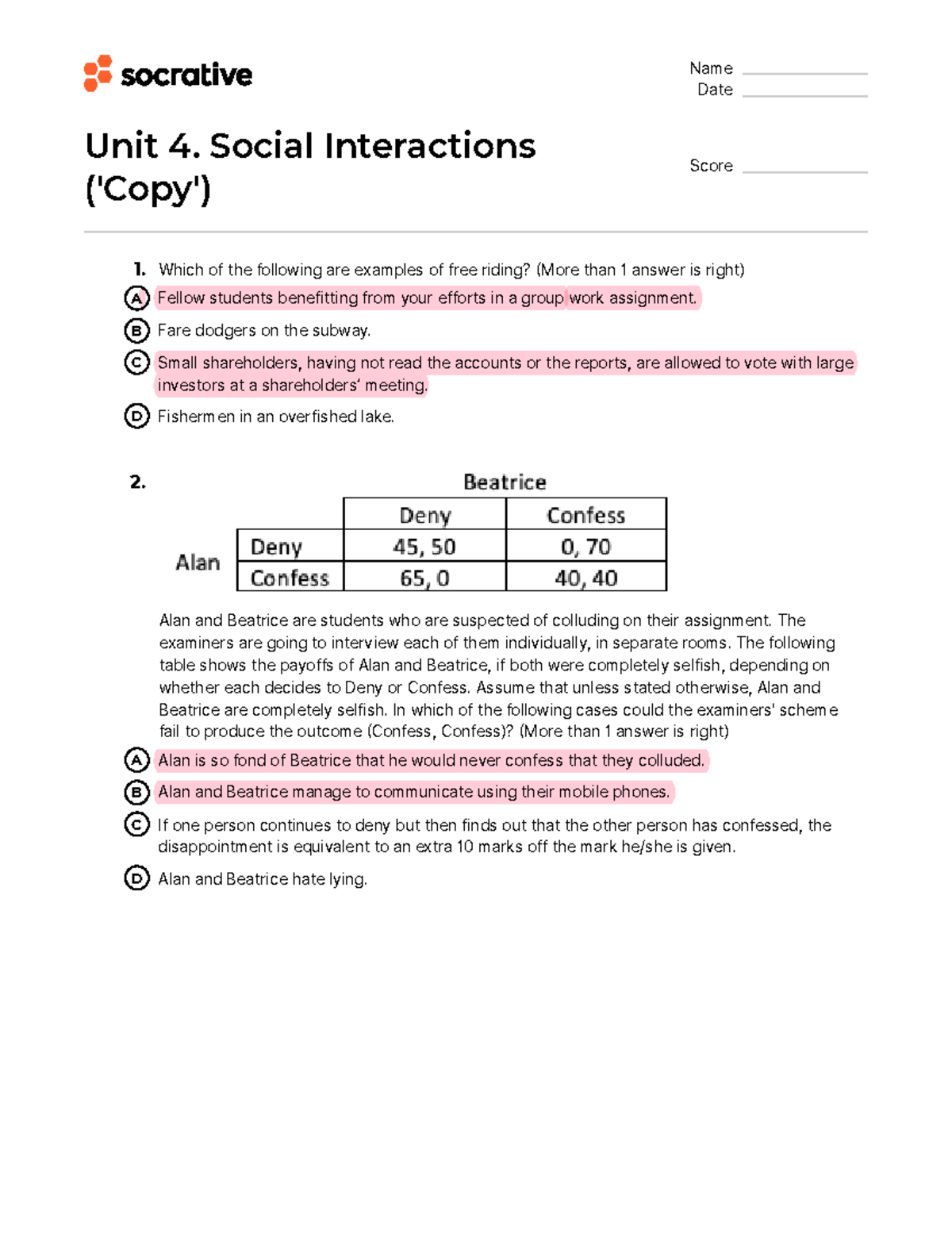 Socrative Unit 4: Key Concepts in Social Interactions - Studocu