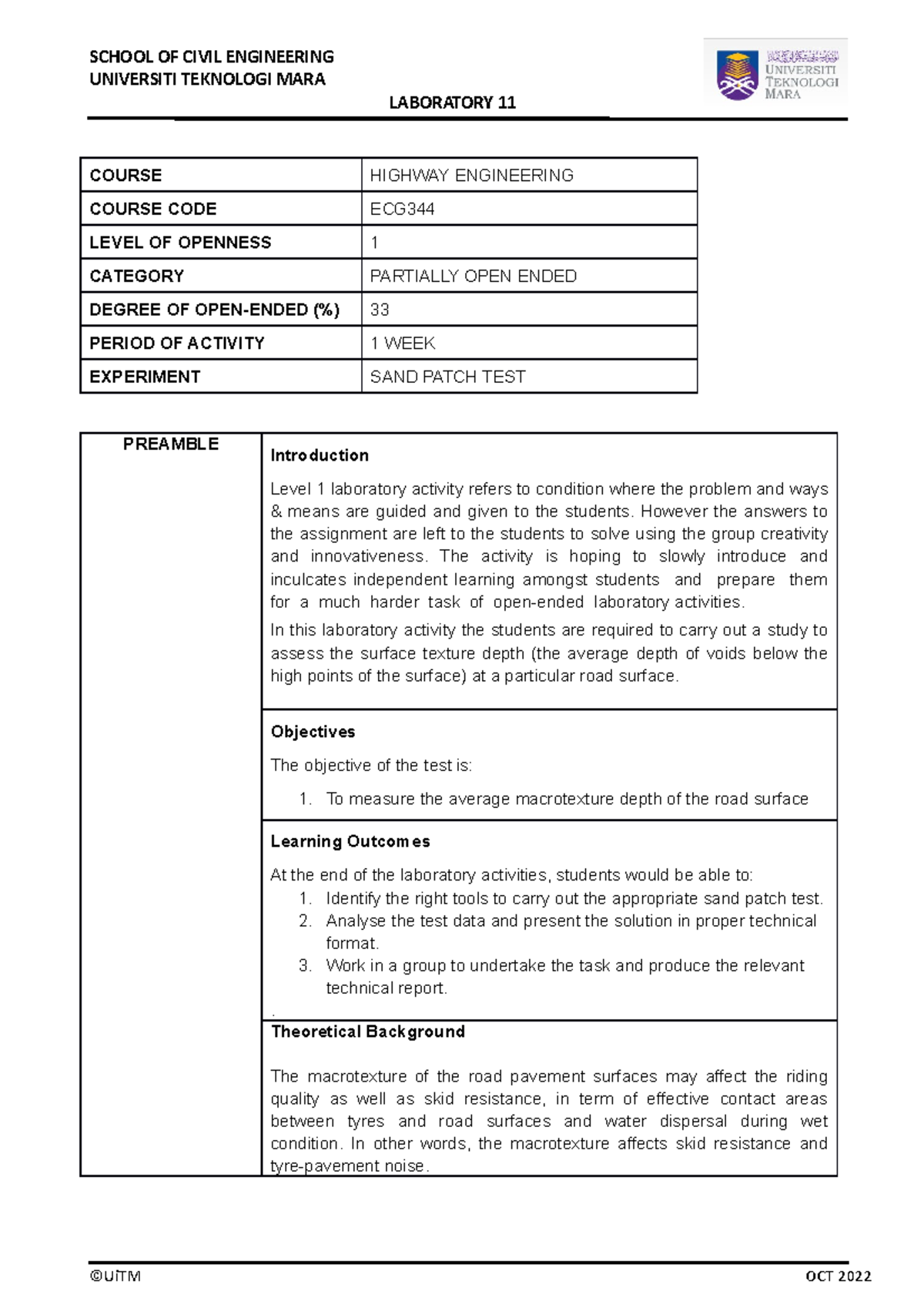 Sand Patch Method Lab 11 Report - Highway Engineering ECG - Studocu