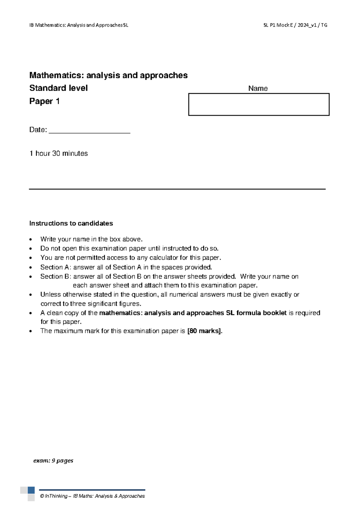 IB Mathematics: Analysis and Approaches SL P1 Mock Exam E 2024 ...