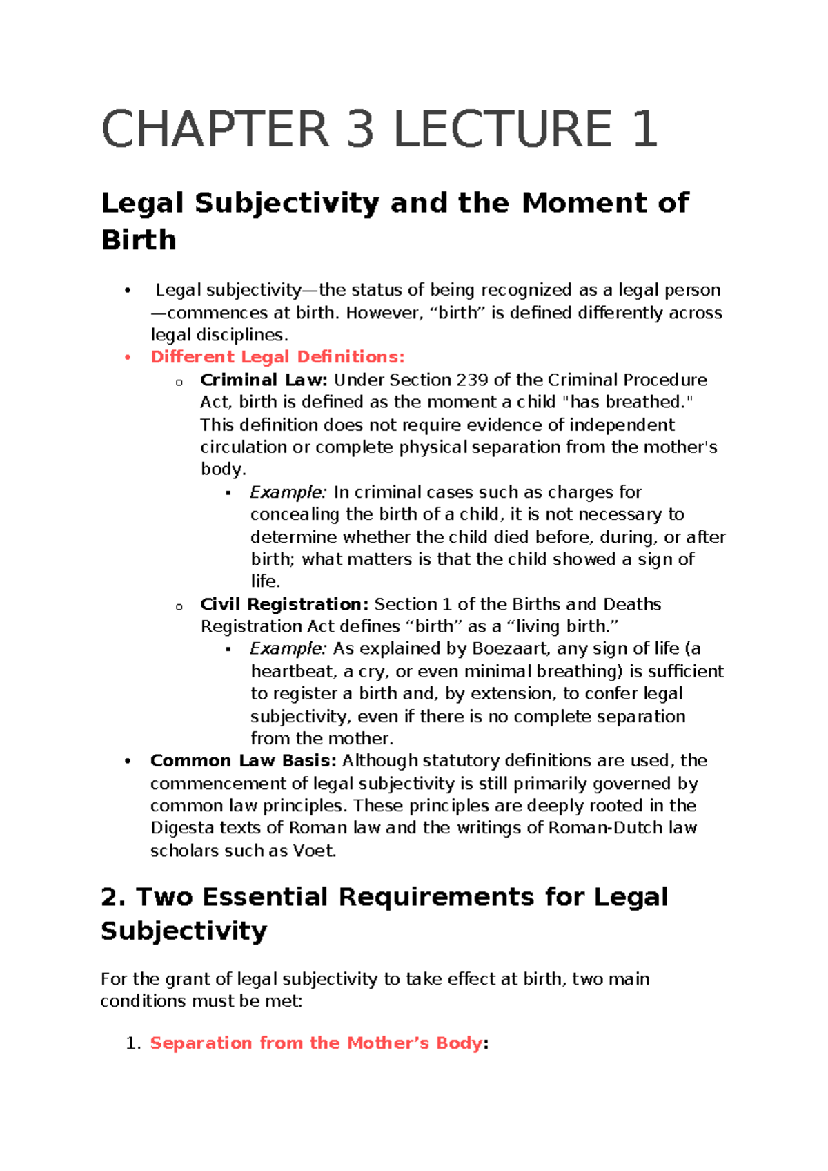 CHAPTER 3 LECTURE 1: Legal Subjectivity and Birth - Definitions and ...