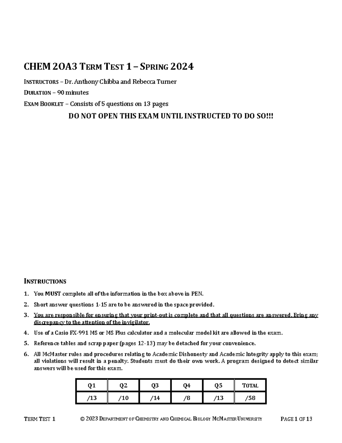 Chem 2OA3 T1 Answer Key - Term Test Spring 2024 - Studocu