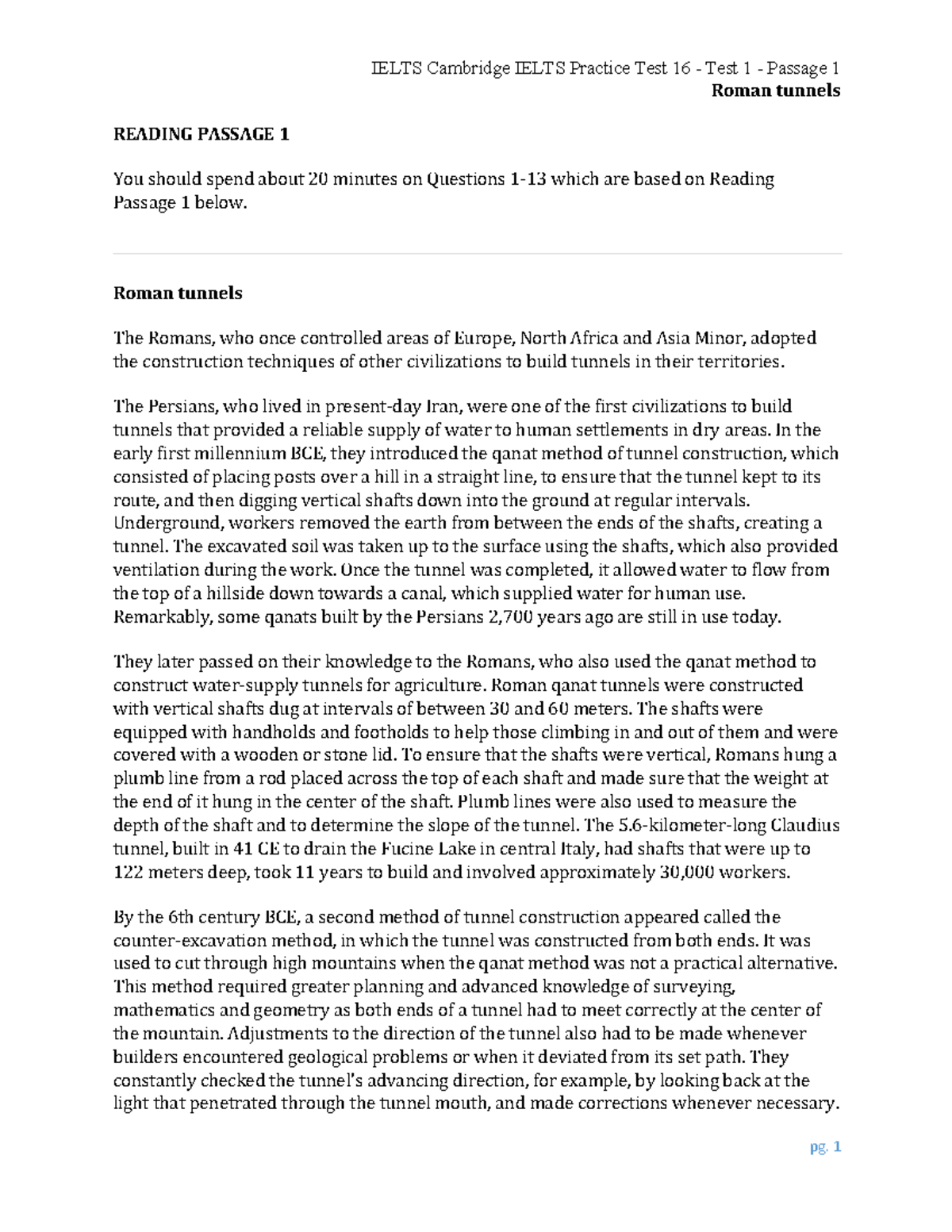 Cambridge IELTS Practice Test 16: Roman Tunnels Reading Passage 1 - Studocu