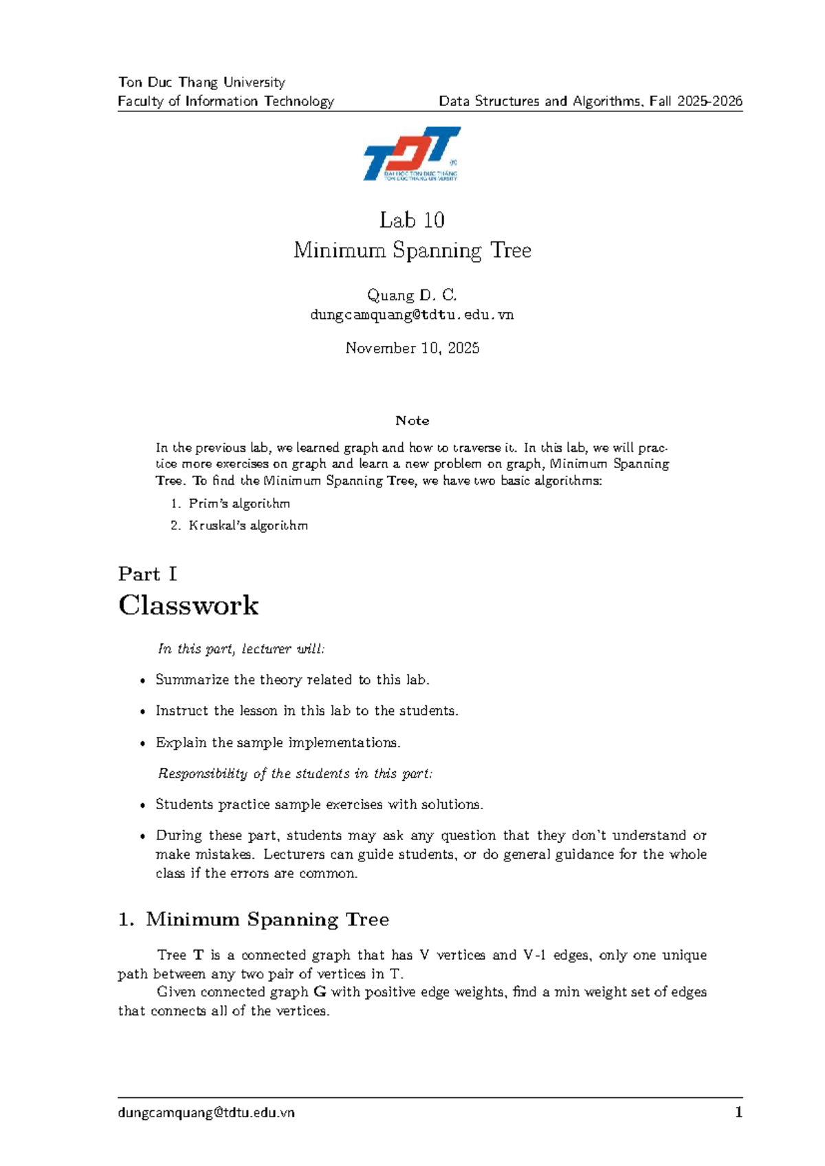 Lab 10: Minimum Spanning Tree in Data Structures & Algorithms (IT101 ...