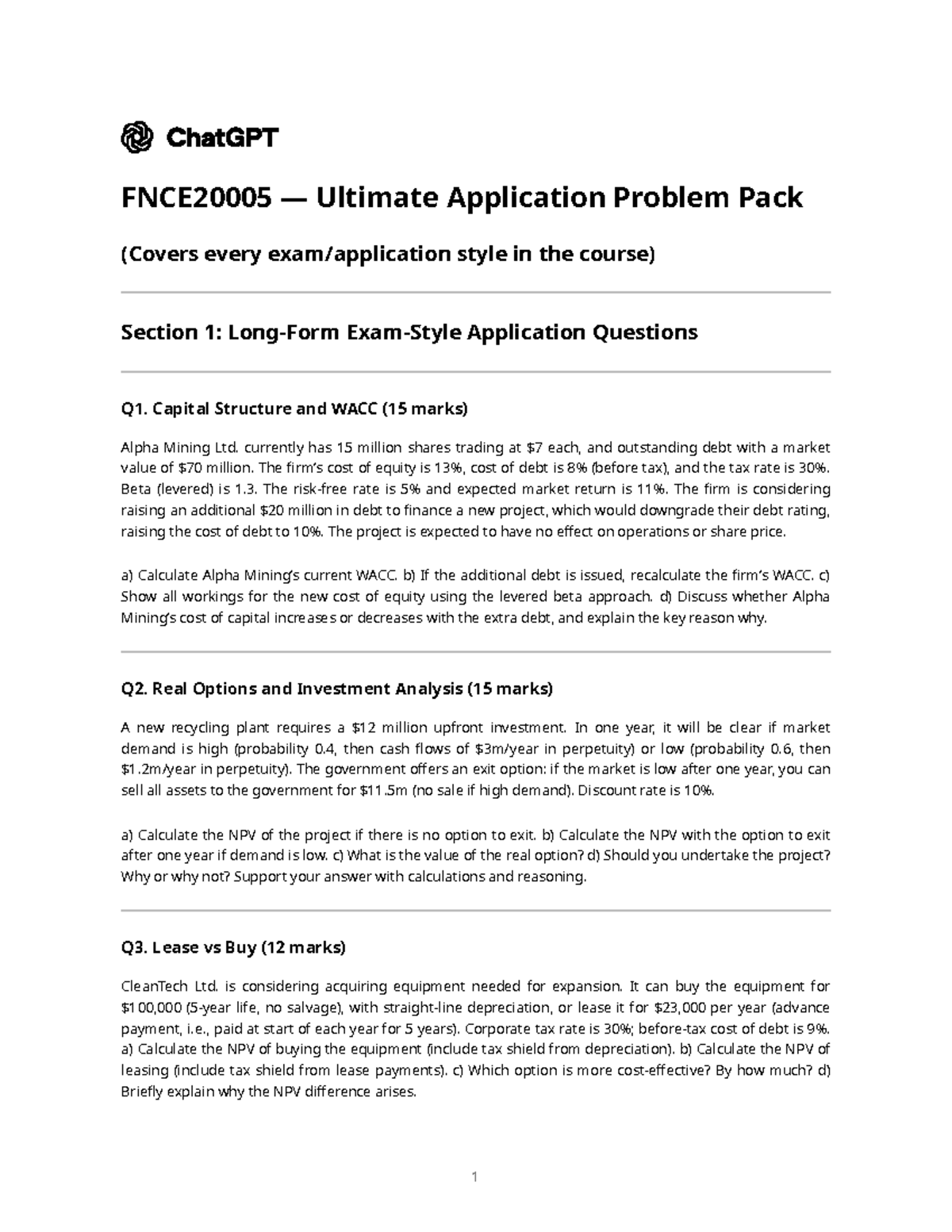 Fnce2000 5 Ultimate Application Problem Pack: Comprehensive Practice ...