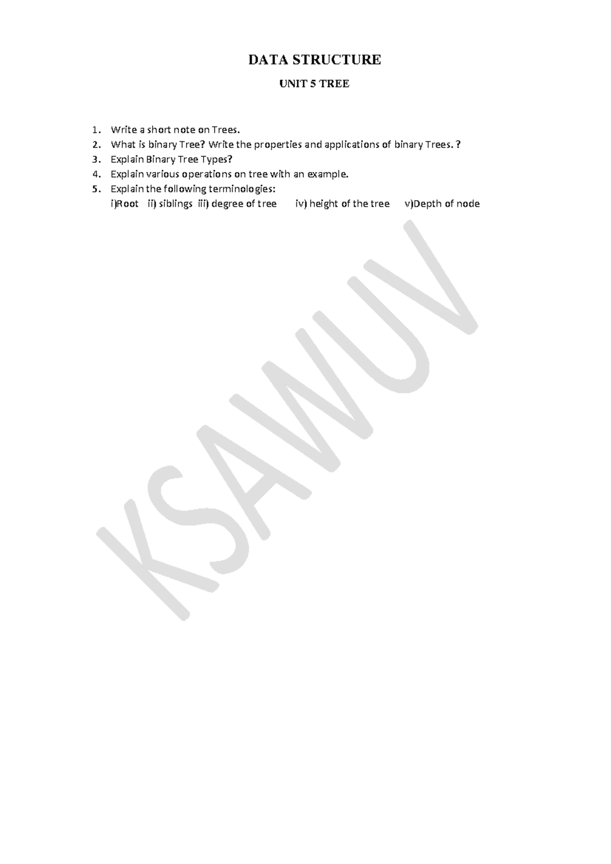 DS UNIT 5 Question BANK - Data Structures - DATA STRUCTURE UNIT 5 TREE ...