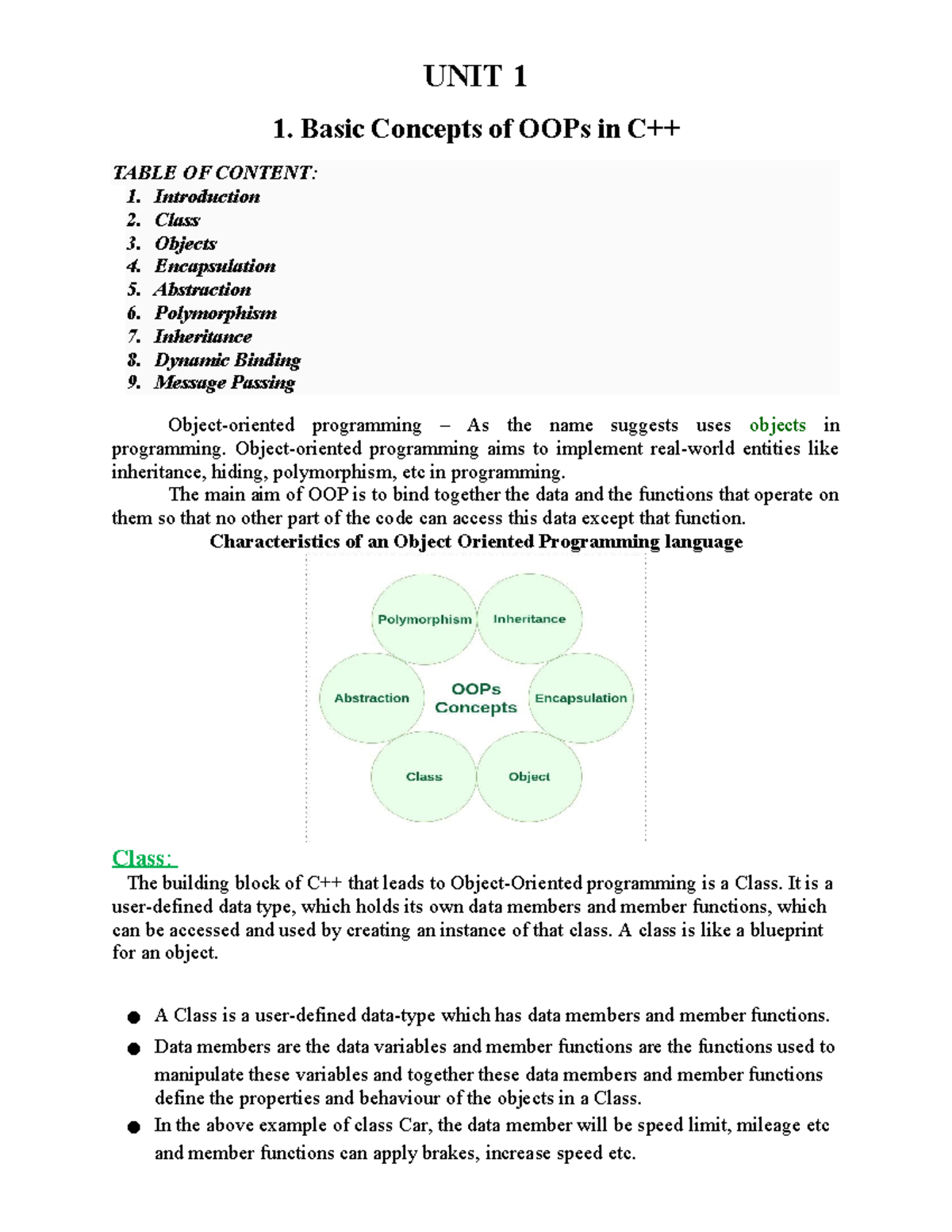 C++ 16 MARK Notes FULL - UNIT 1 1. Basic Concepts of OOPs in C++ TABLE ...
