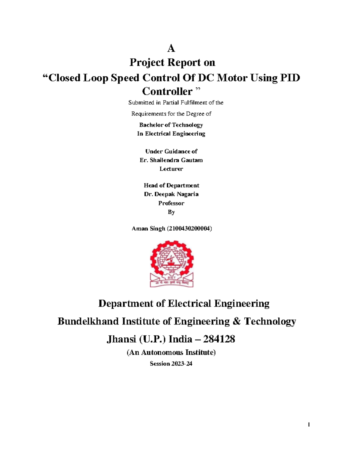 Closed Loop Speed Control of DC Motor Using PID Controller - B.Tech ...