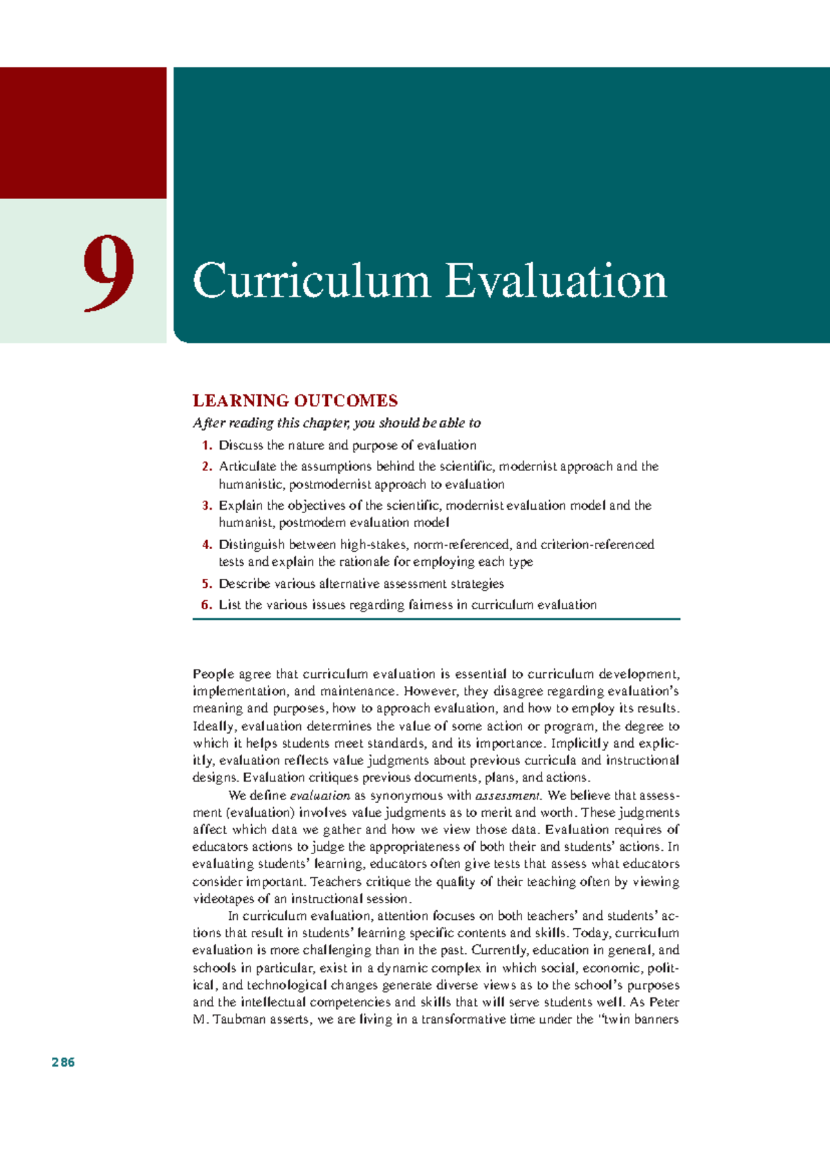 Chapter 09 - Curriculum Evaluation - 286 LEARNING OUTCOMES After ...