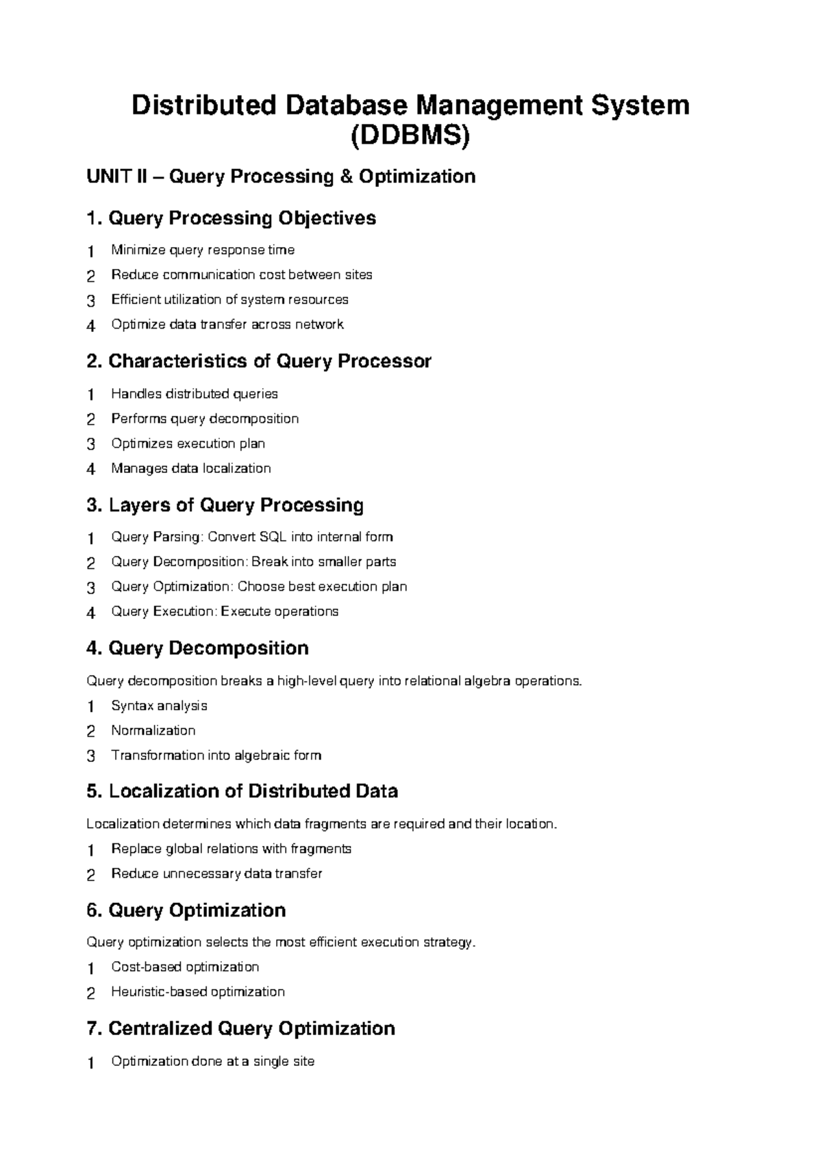 DDBMS Unit II: Query Processing Optimization Detailed Notes - Studocu