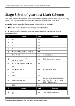 Cambridge Lower Sec Math 8: Mid-Point Test Mark Scheme Answers - Studocu