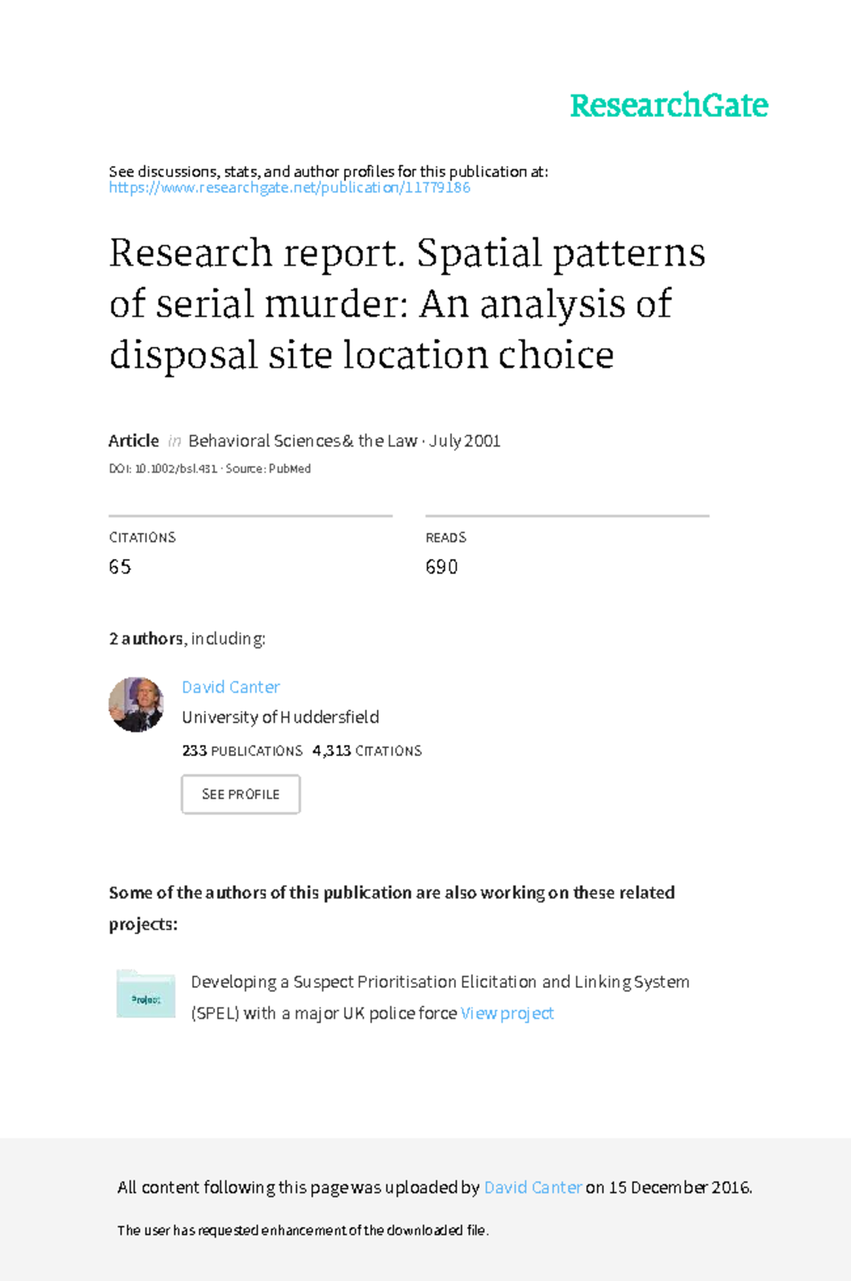 Research Report: Spatial Patterns of Serial Murder (Behavioral Sciences ...