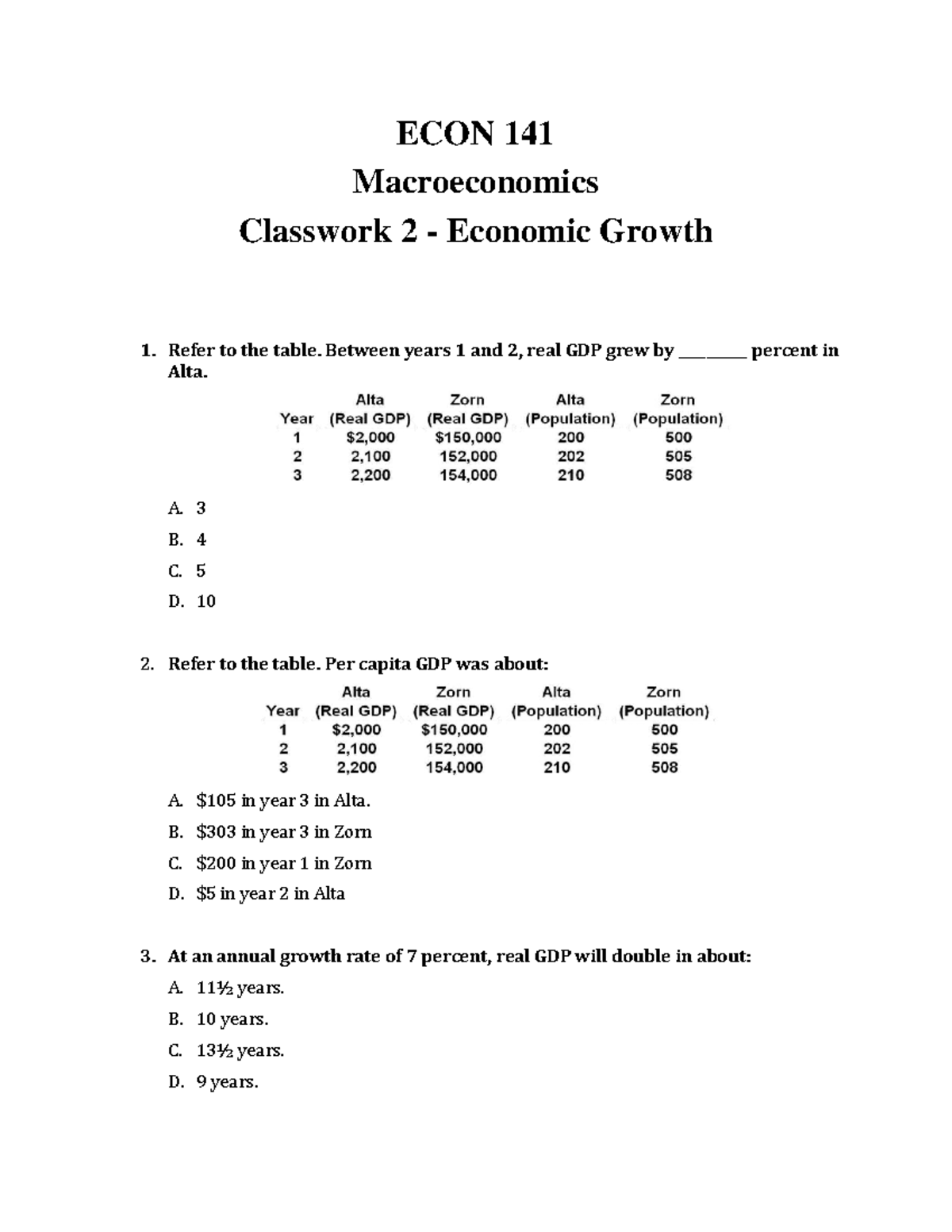 ECON 141 Macroeconomics Classwork 2: Analyzing Economic Growth - Studocu