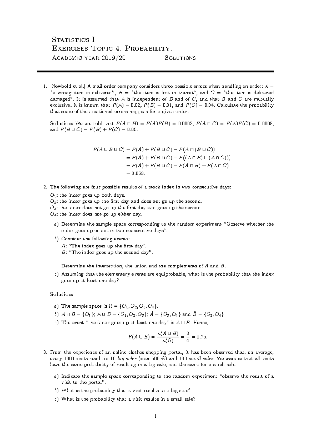 Solutions for Exercises on Probability - Statistics I (ENG 1920) - Studocu