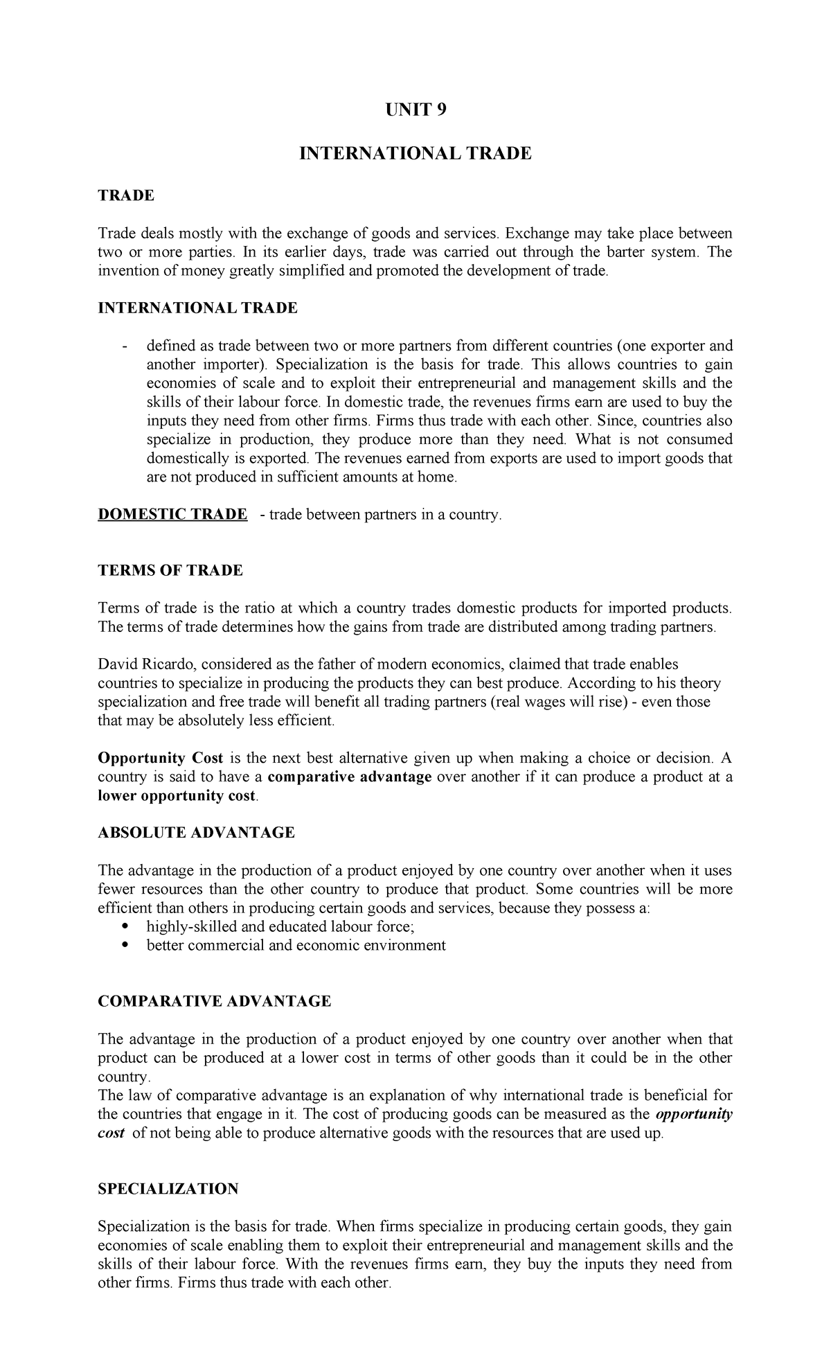 Unit 9 - International Trade Notes (ECO 101) - Studocu