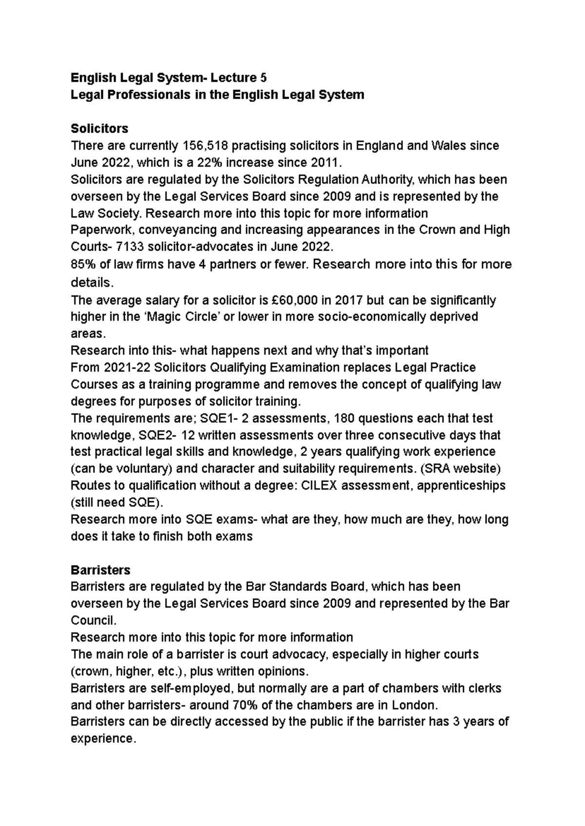 ELS- Lecture 5 - English Legal System- Lecture 5 Legal Professionals in ...